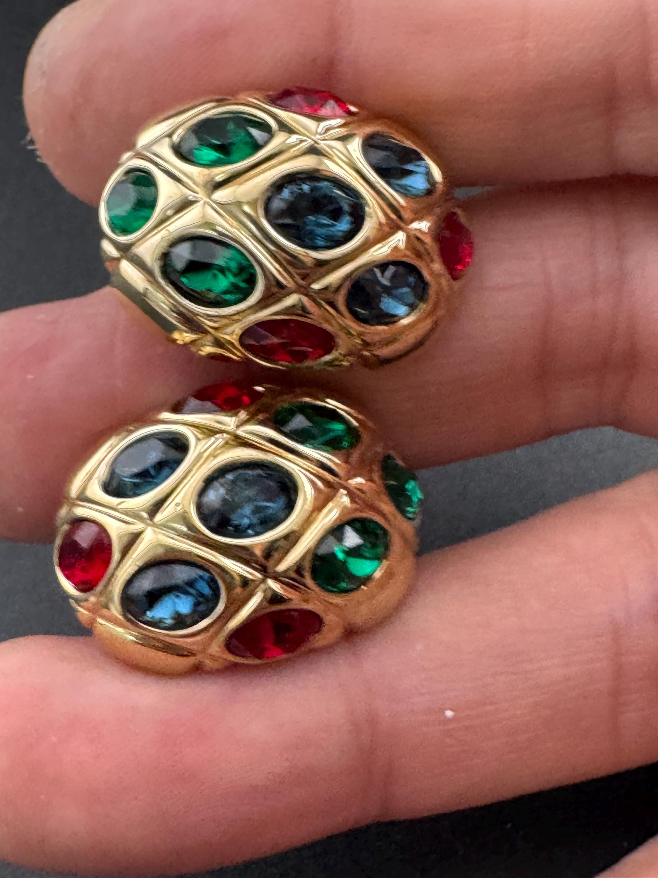 1980s coloured rhinestone Clip On Earrings, Red, Green & Blue Rhinestones