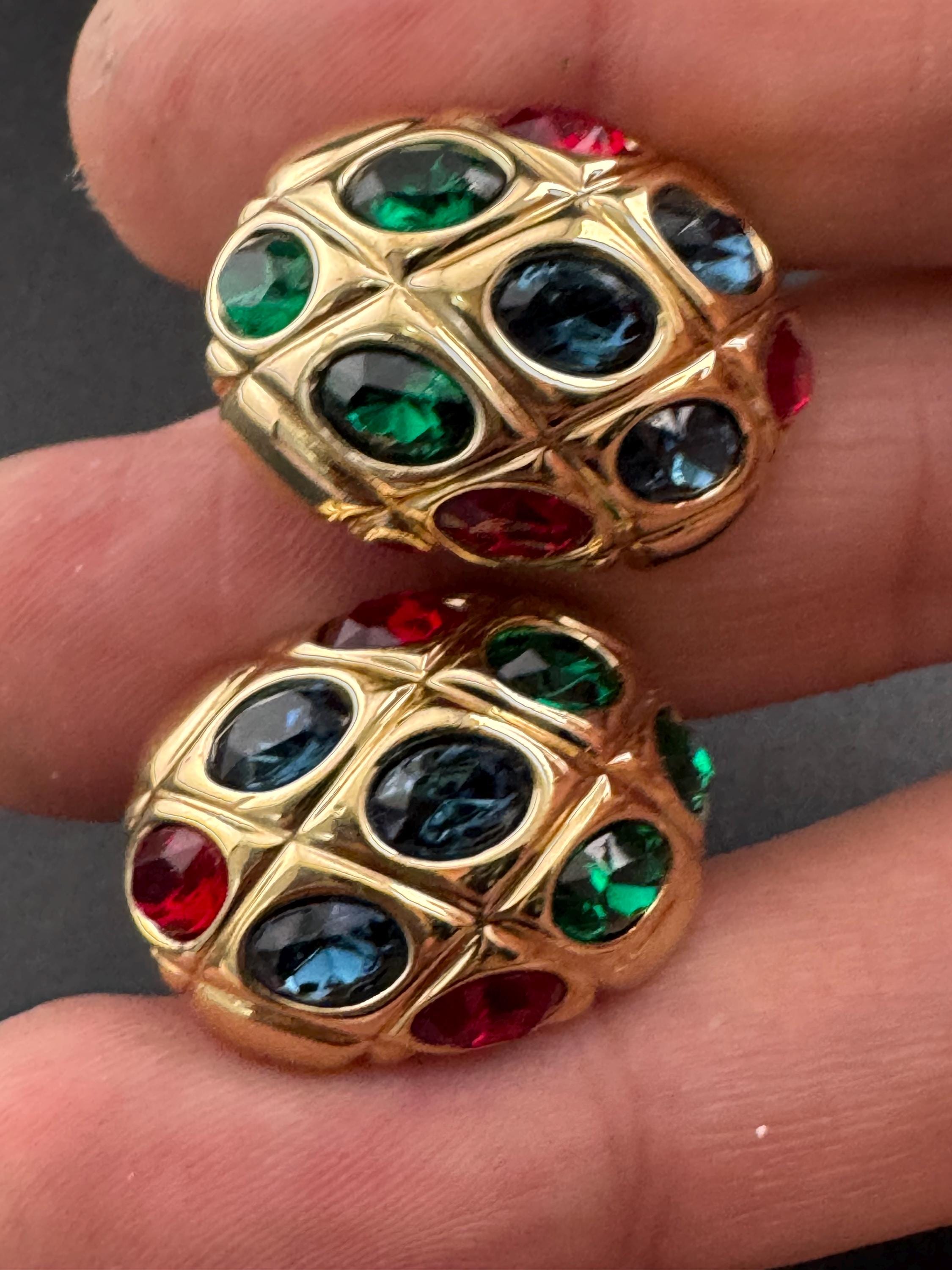 1980s coloured rhinestone Clip On Earrings, Red, Green & Blue Rhinestones
