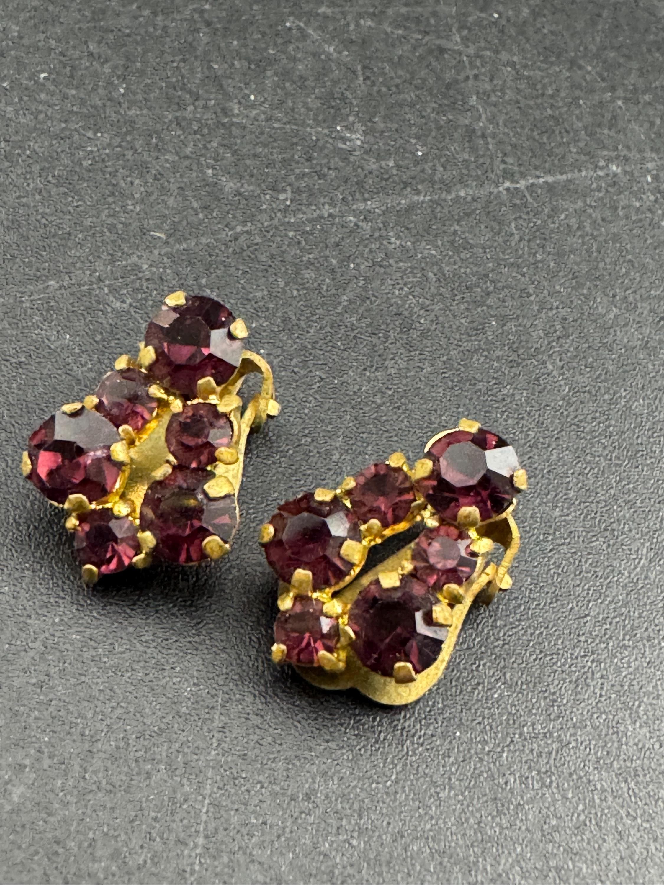 Vintage Purple Amethyst rhinestone Clip On Stud Earrings
