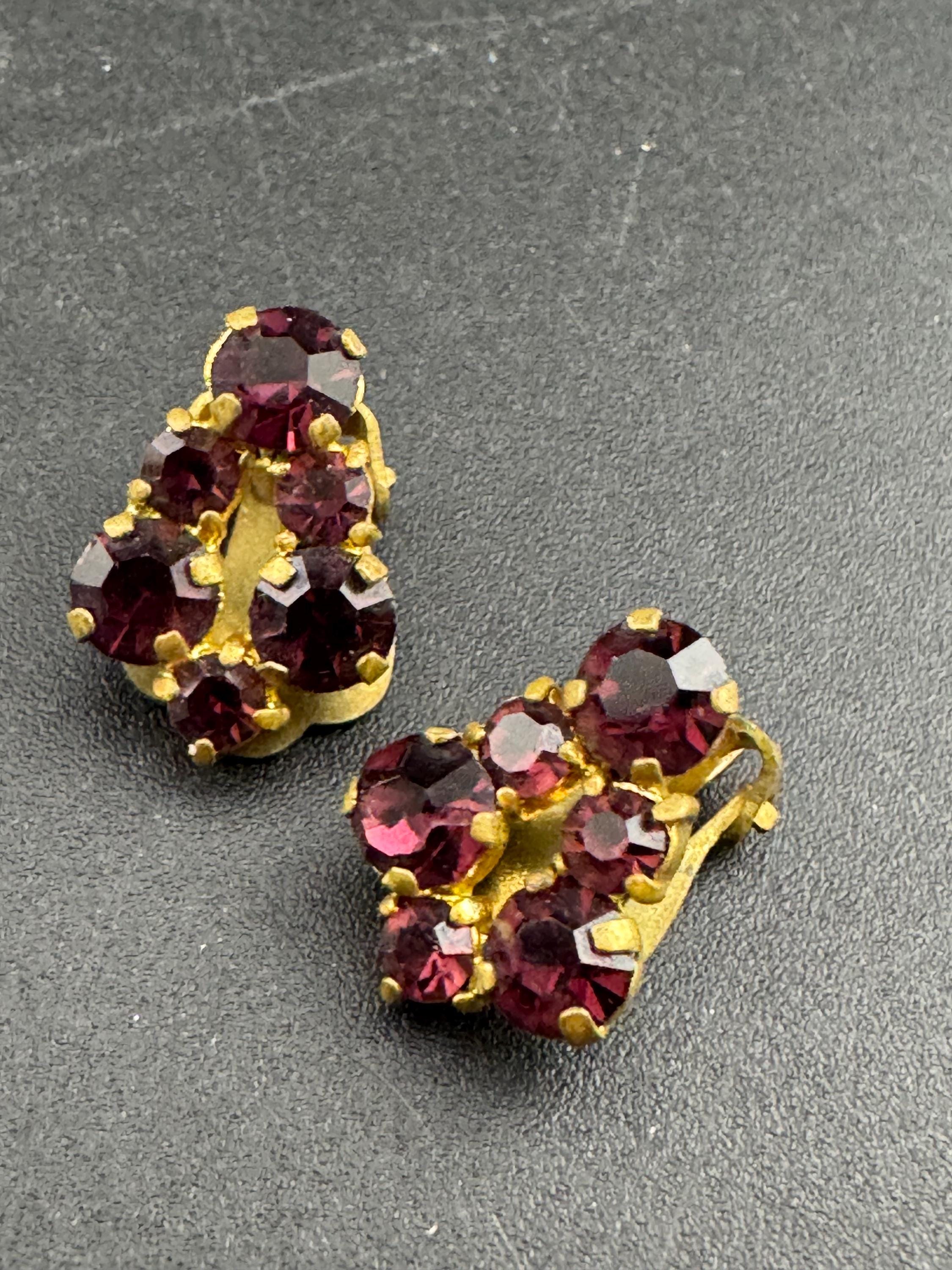 Vintage Purple Amethyst rhinestone Clip On Stud Earrings