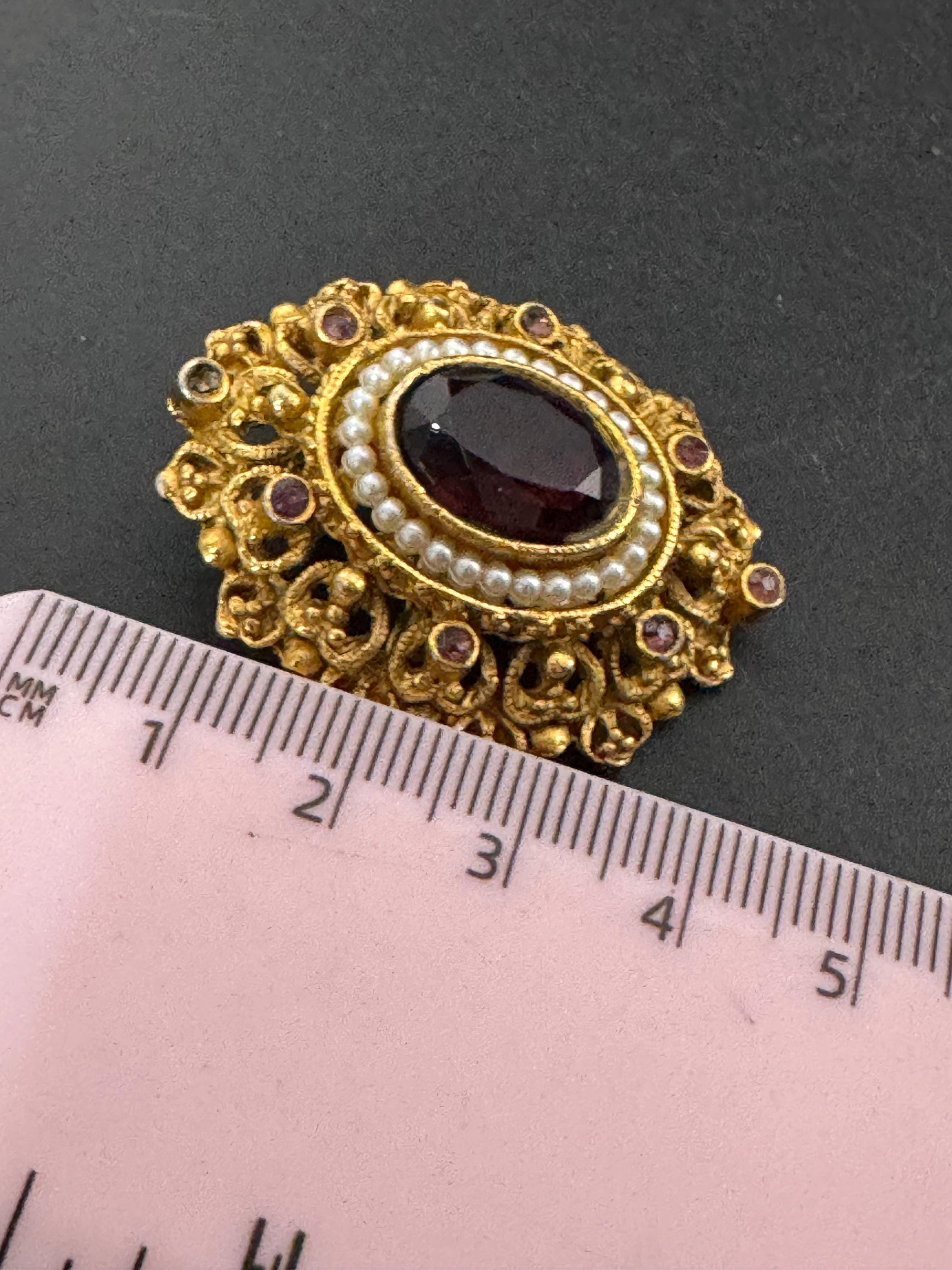 Victorian style amethyst rhinestone pendant brooch and matching clip on earring, jewellery set