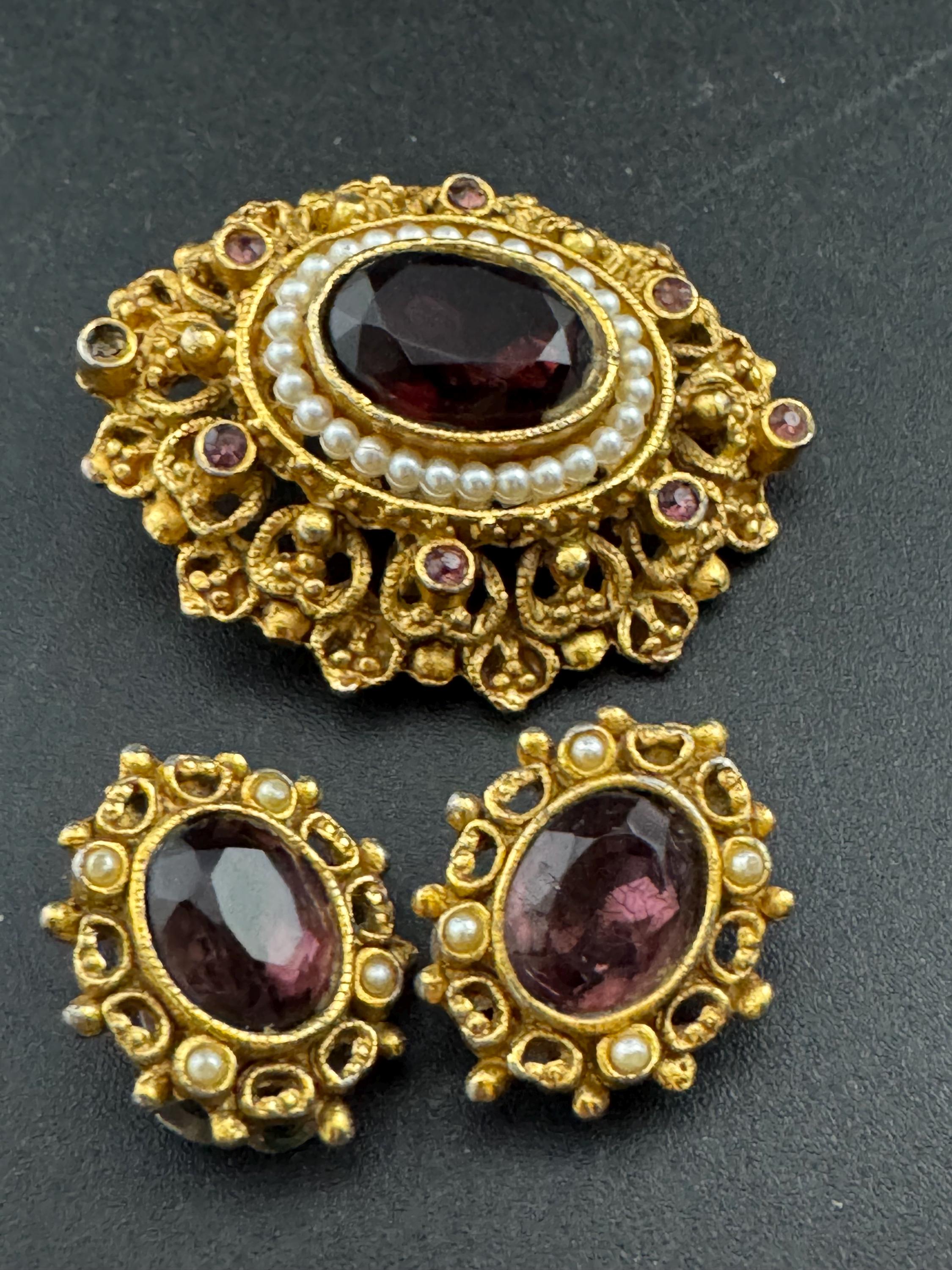 Victorian style amethyst rhinestone pendant brooch and matching clip on earring, jewellery set