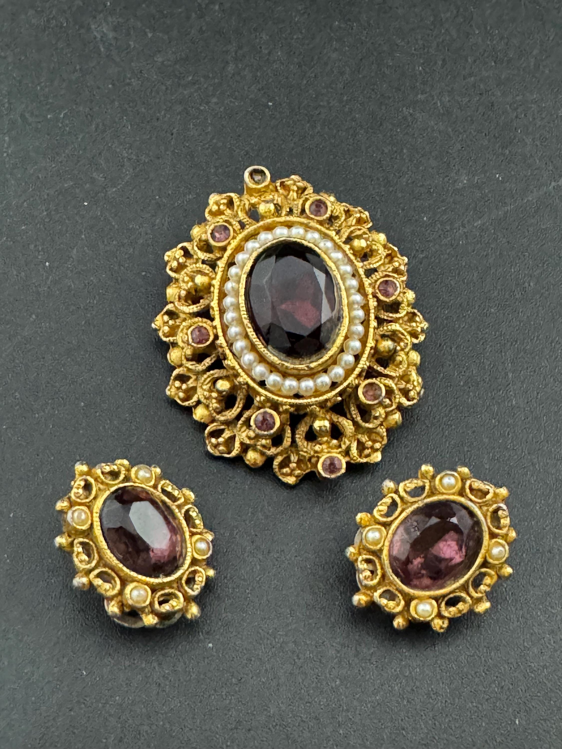 Victorian style amethyst rhinestone pendant brooch and matching clip on earring, jewellery set
