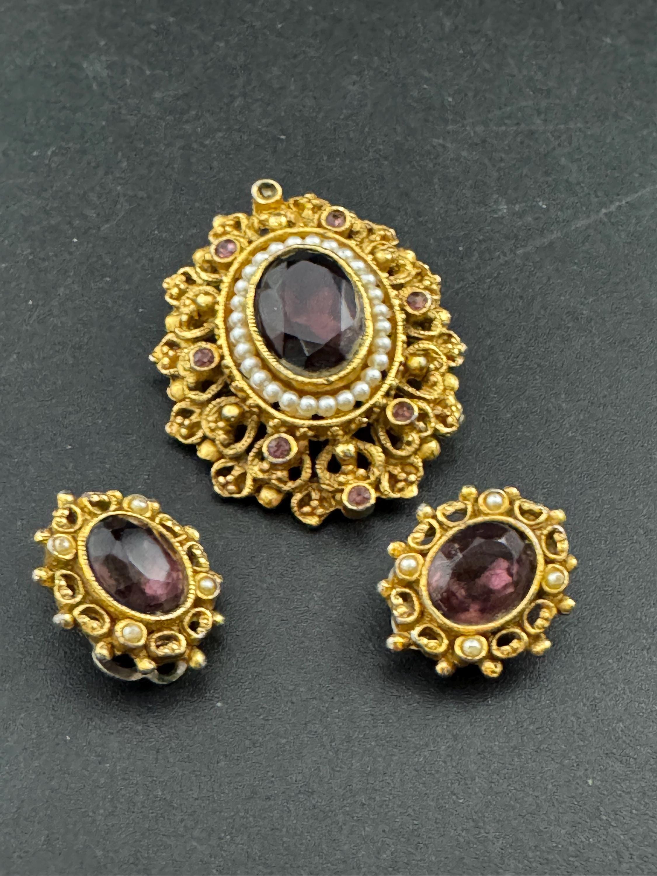 Victorian style amethyst rhinestone pendant brooch and matching clip on earring, jewellery set