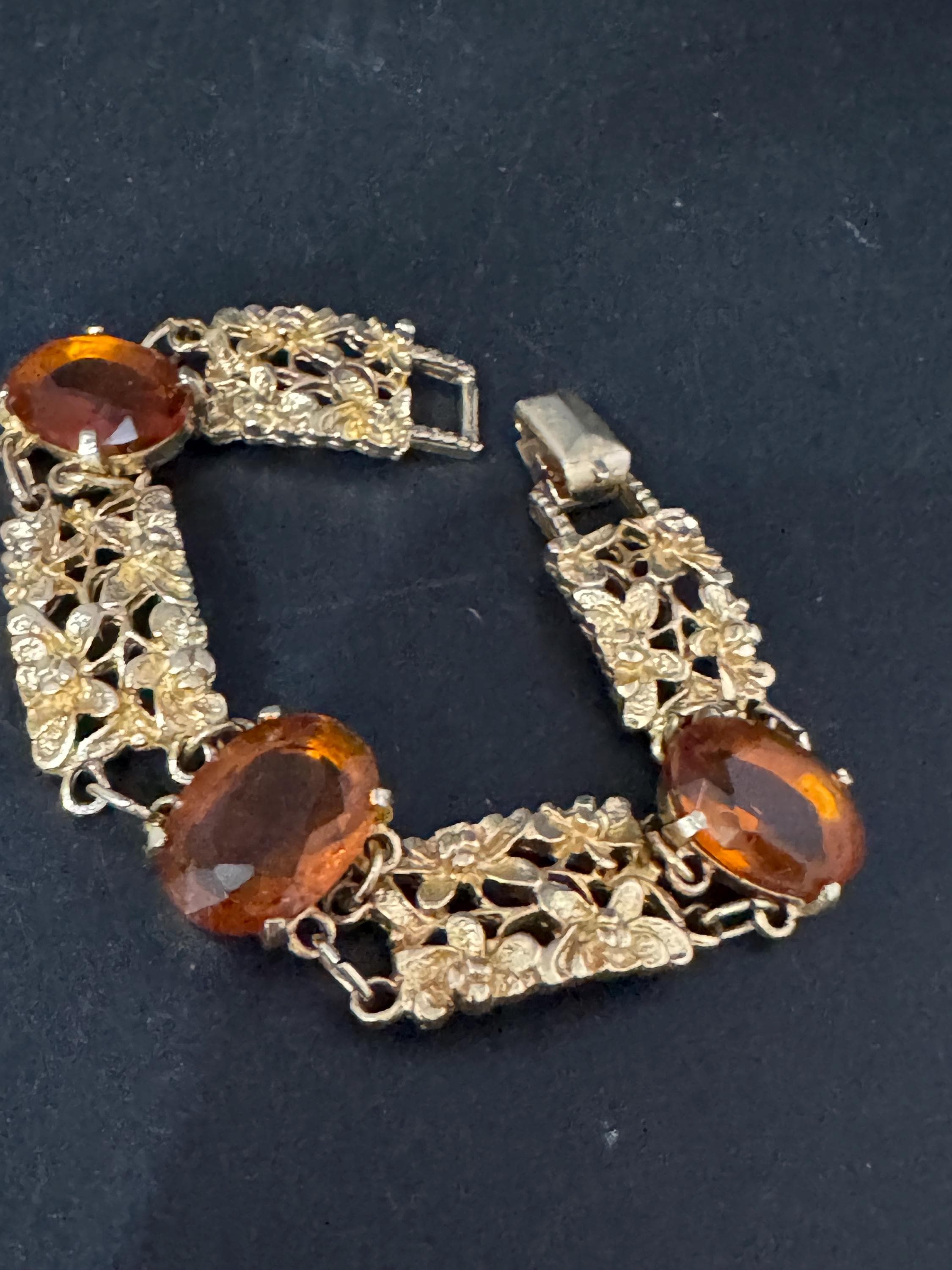 Vintage cocktail bracelet citrine Glass Cabochon Gold Tone panel link 1960s MCM