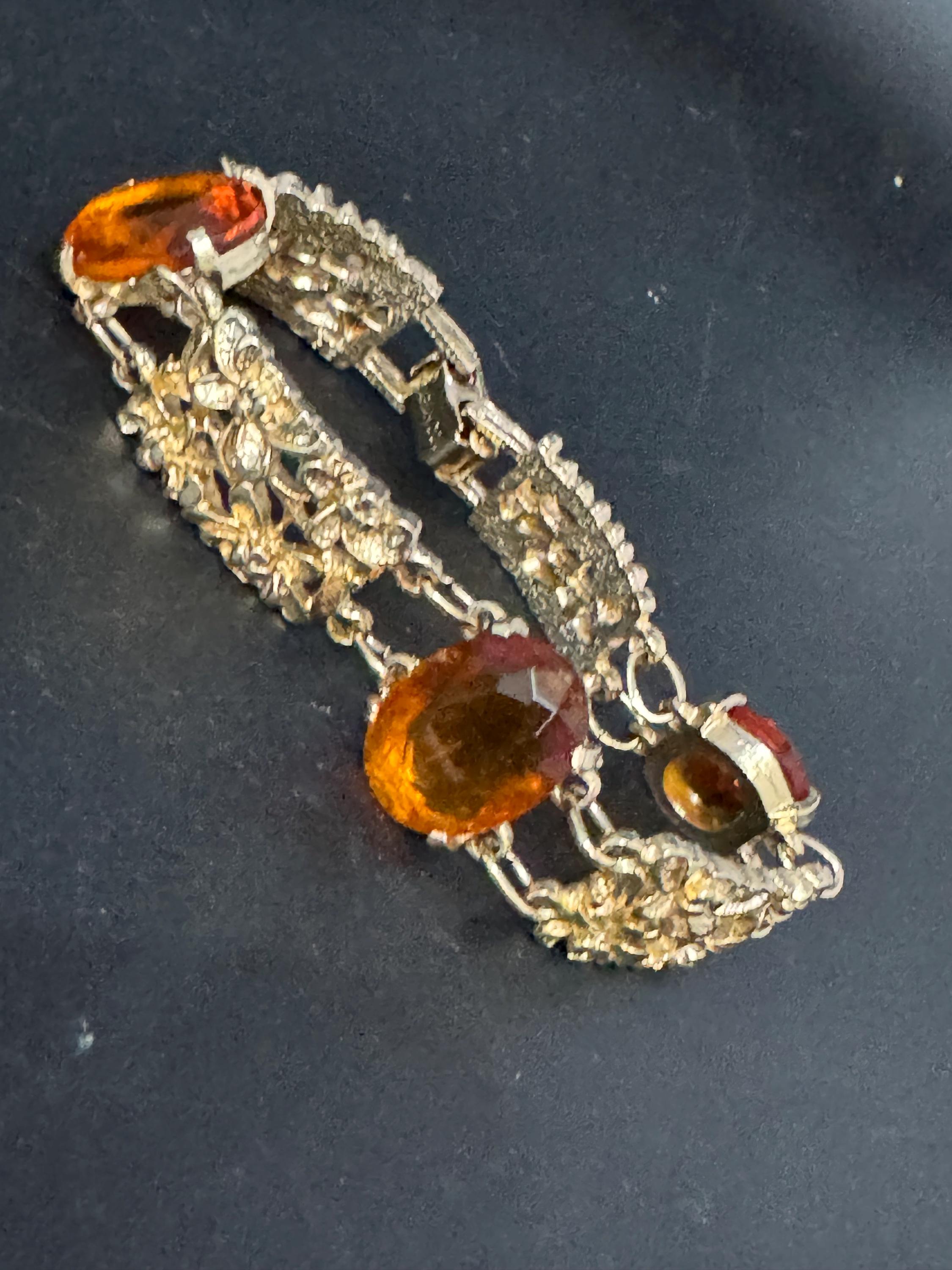 Vintage cocktail bracelet citrine Glass Cabochon Gold Tone panel link 1960s MCM
