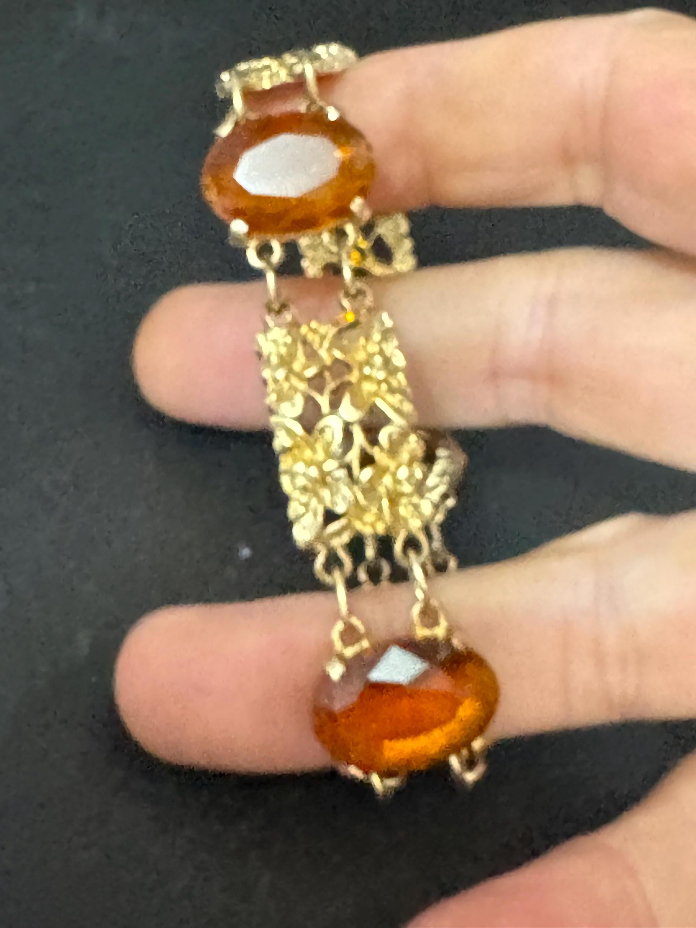 Vintage cocktail bracelet citrine Glass Cabochon Gold Tone panel link 1960s MCM