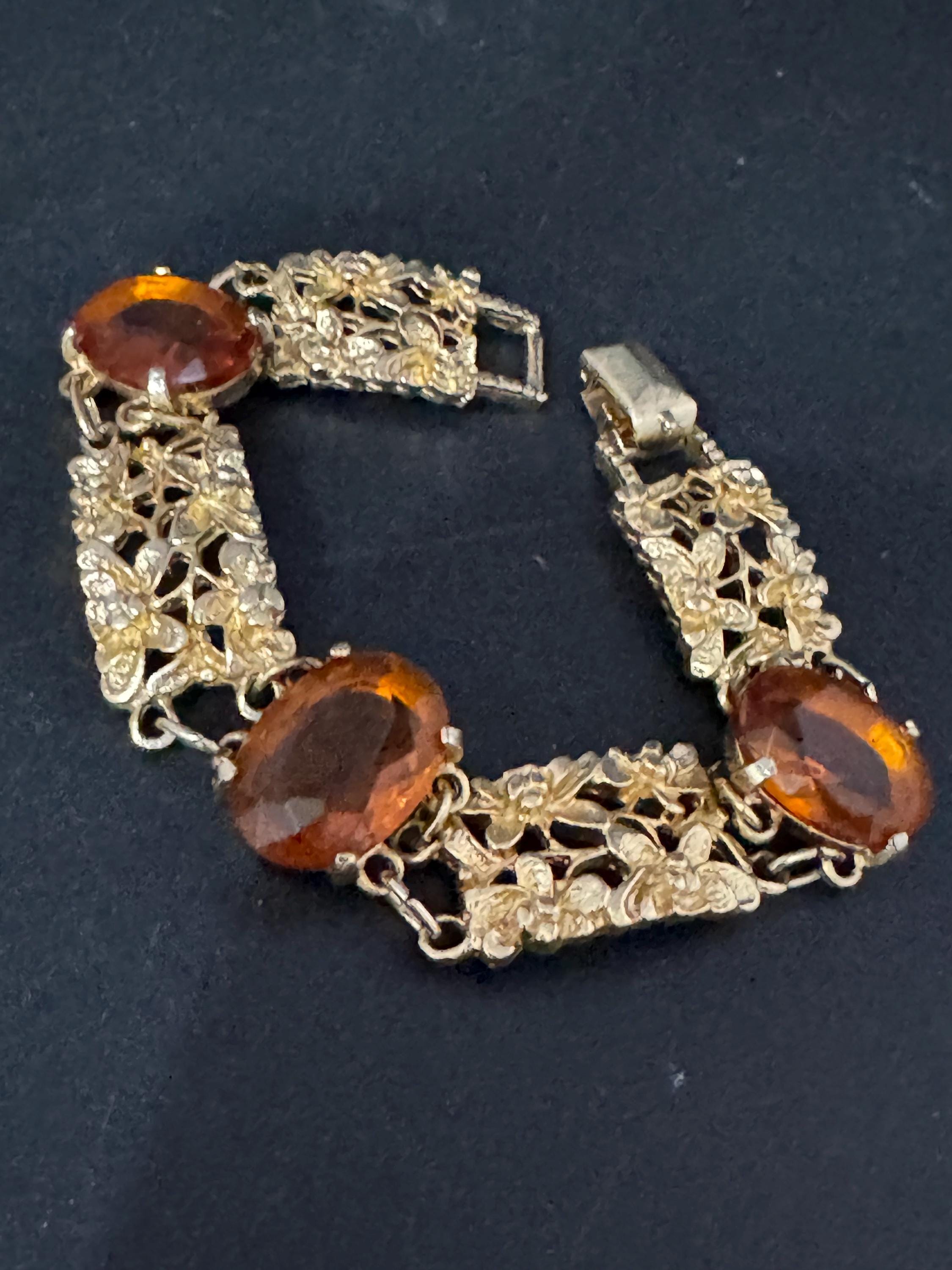Vintage cocktail bracelet citrine Glass Cabochon Gold Tone panel link 1960s MCM