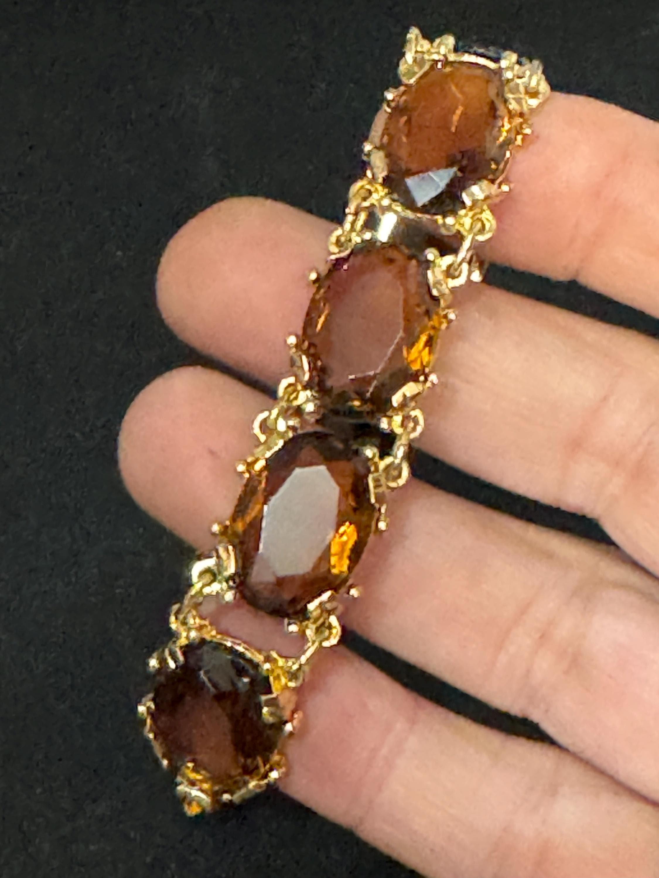 Vintage cocktail bracelet citrine brown cognac glass Glass Cabochon Gold panel link 1960s