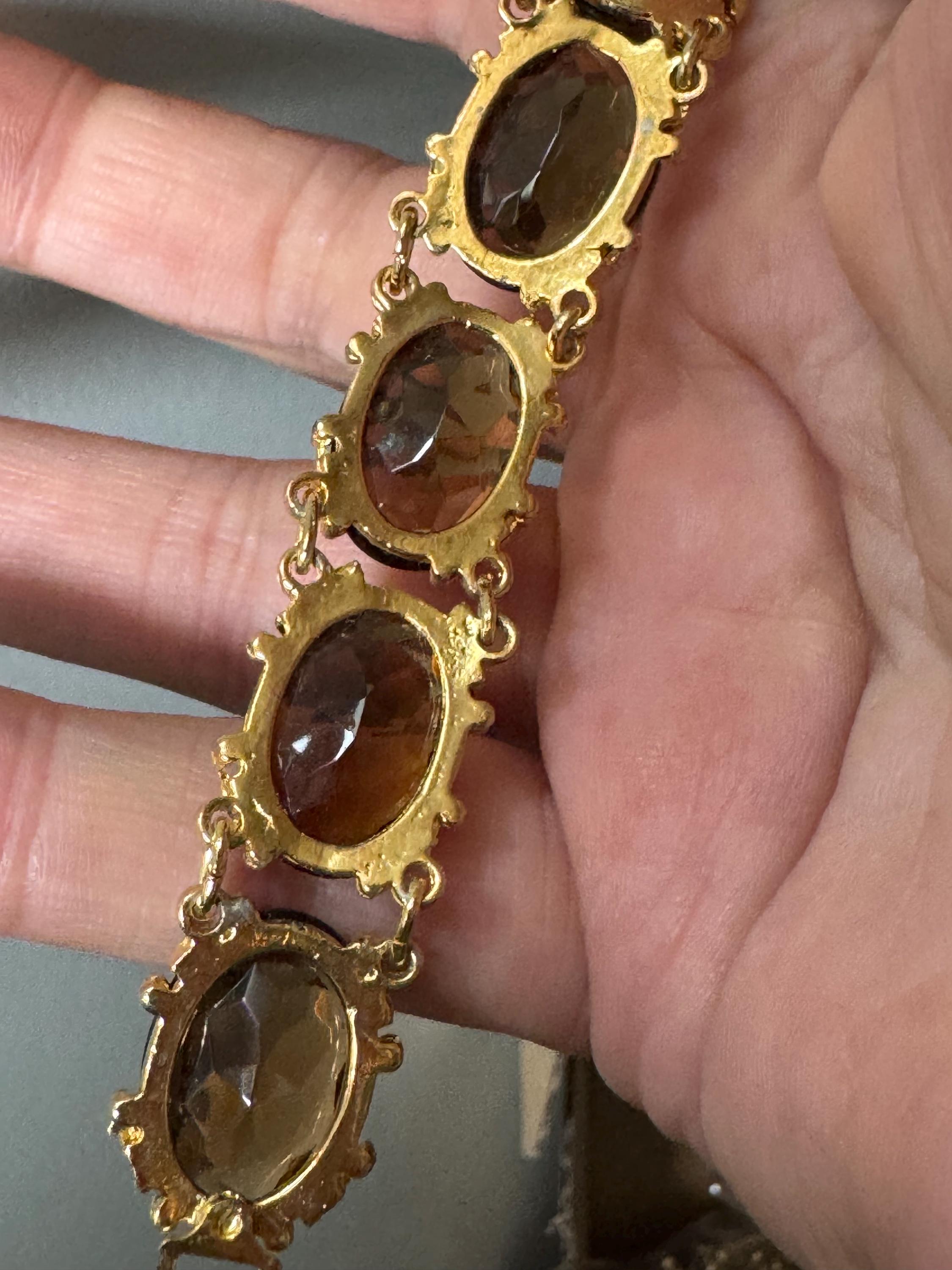 Vintage cocktail bracelet citrine brown cognac glass Glass Cabochon Gold panel link 1960s