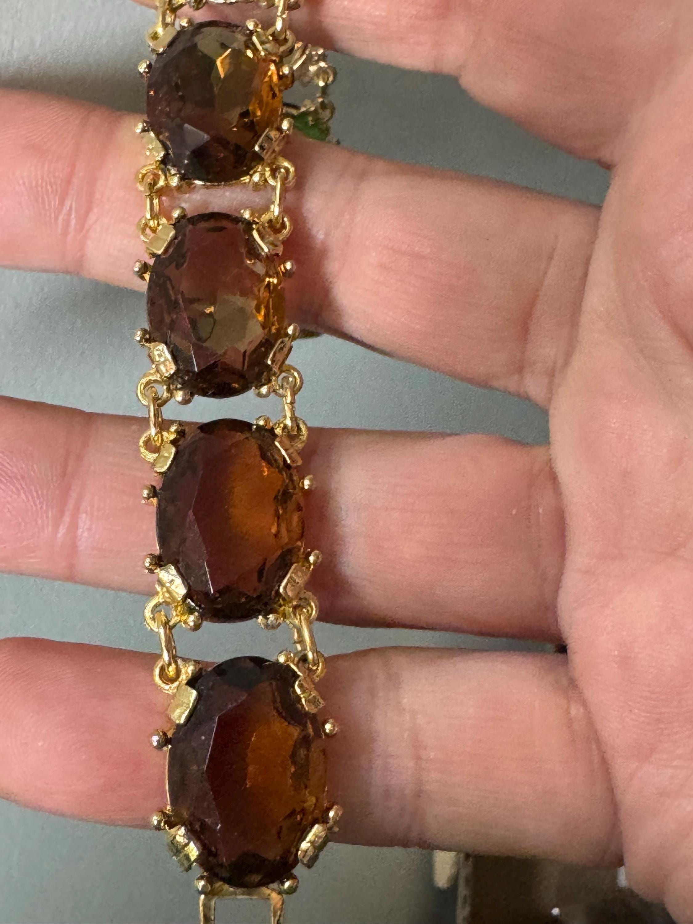 Vintage cocktail bracelet citrine brown cognac glass Glass Cabochon Gold panel link 1960s