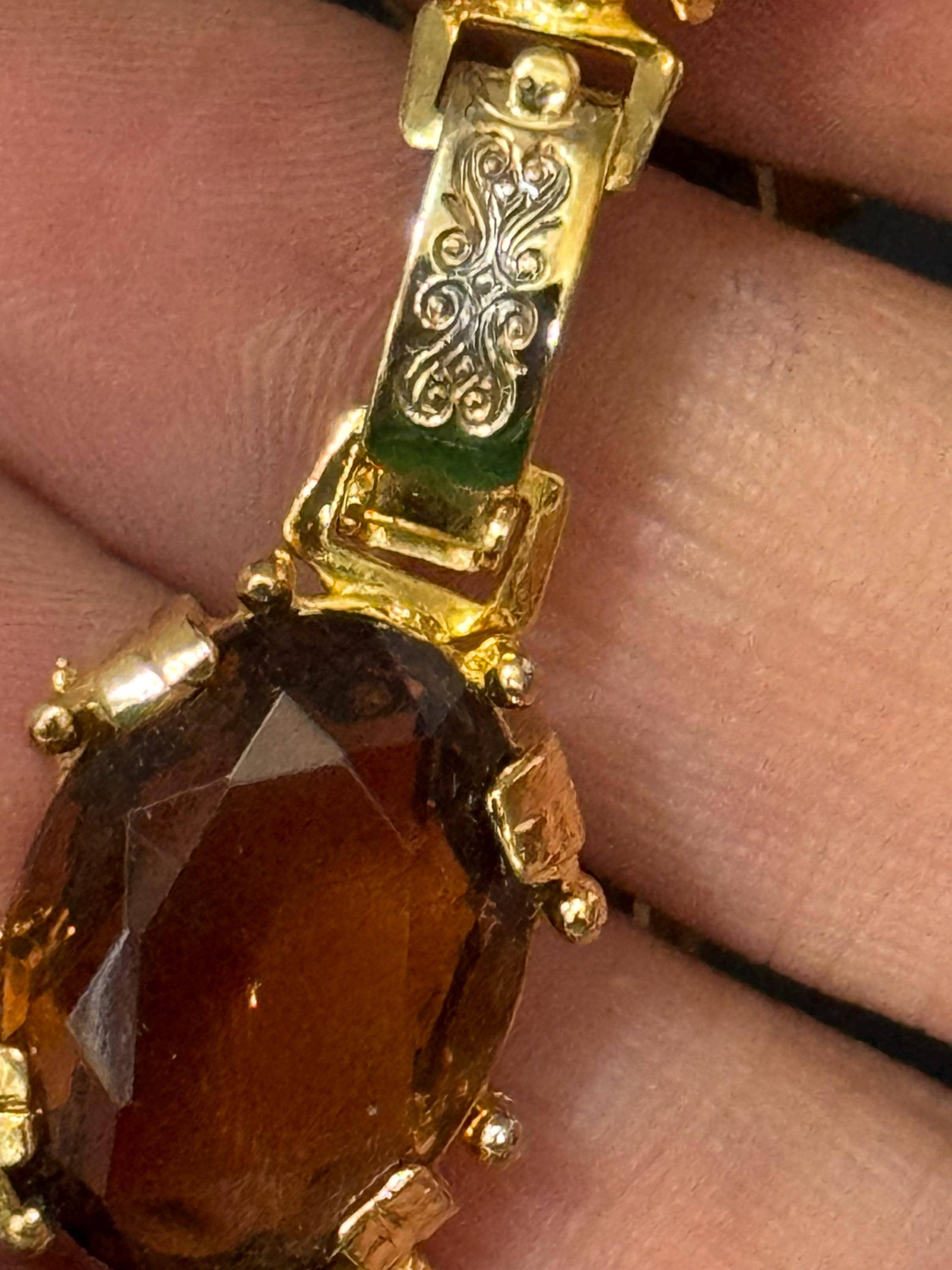 Vintage cocktail bracelet citrine brown cognac glass Glass Cabochon Gold panel link 1960s