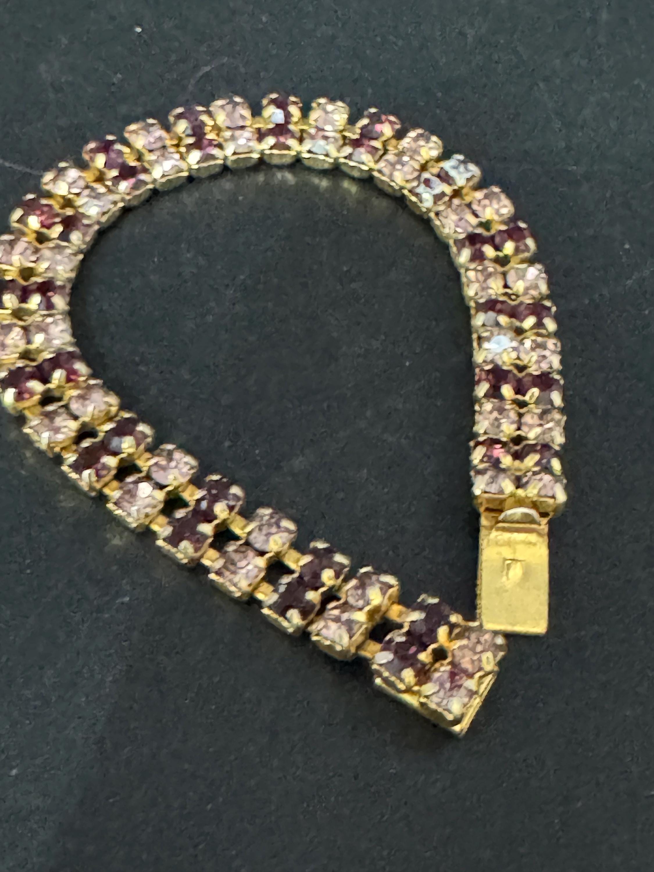 Vintage purple and pink rhinestone cocktail bracelet, gold tone