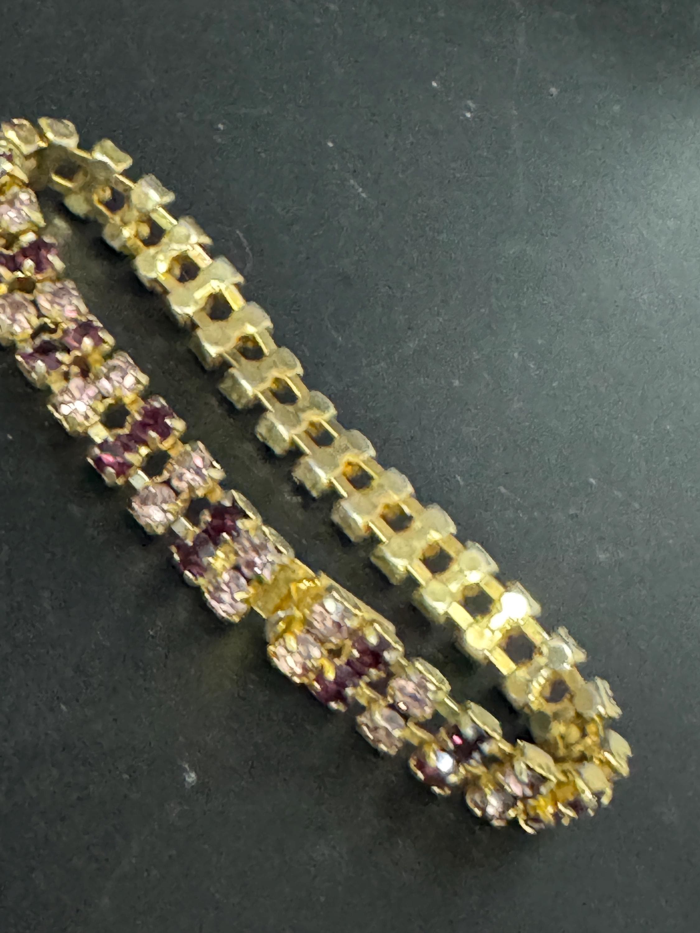 Vintage purple and pink rhinestone cocktail bracelet, gold tone