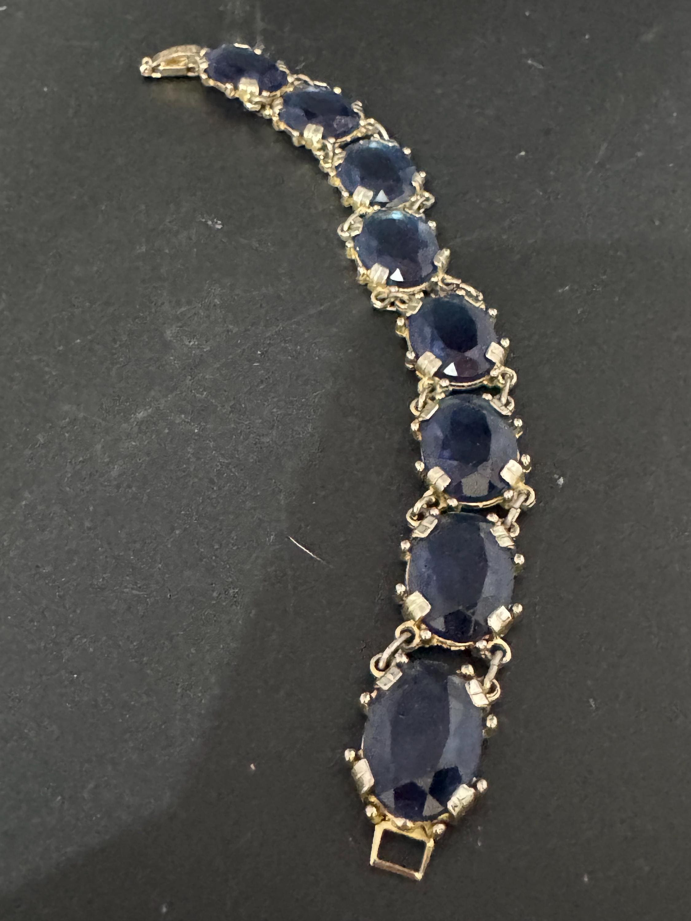 Vintage sapphire blue rhinestone cocktail bracelet , gold tone mid century