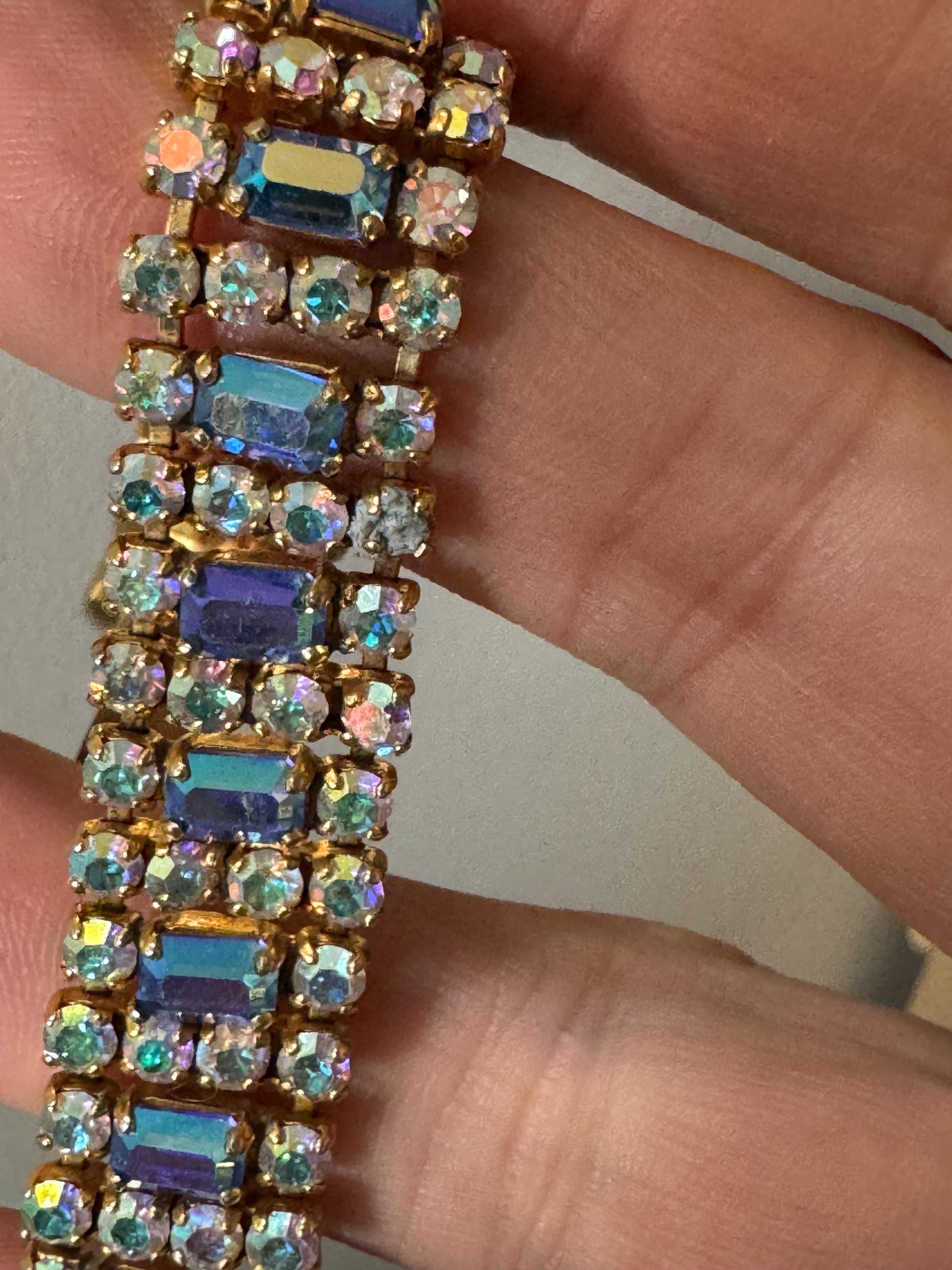 Vintage AB blue Diamanté gold tone sapphire rhinestone cocktail Bracelet