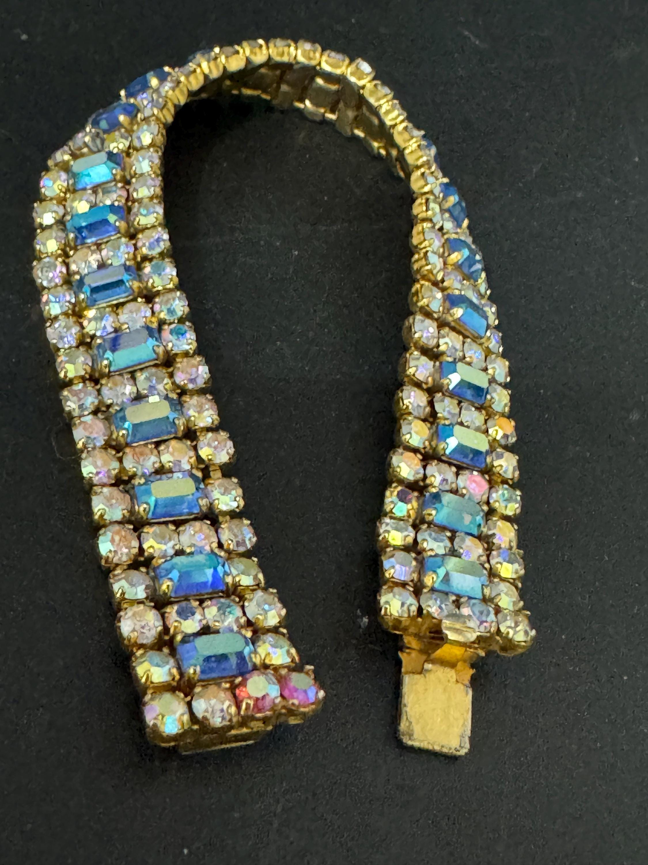 Vintage AB blue Diamanté gold tone sapphire rhinestone cocktail Bracelet