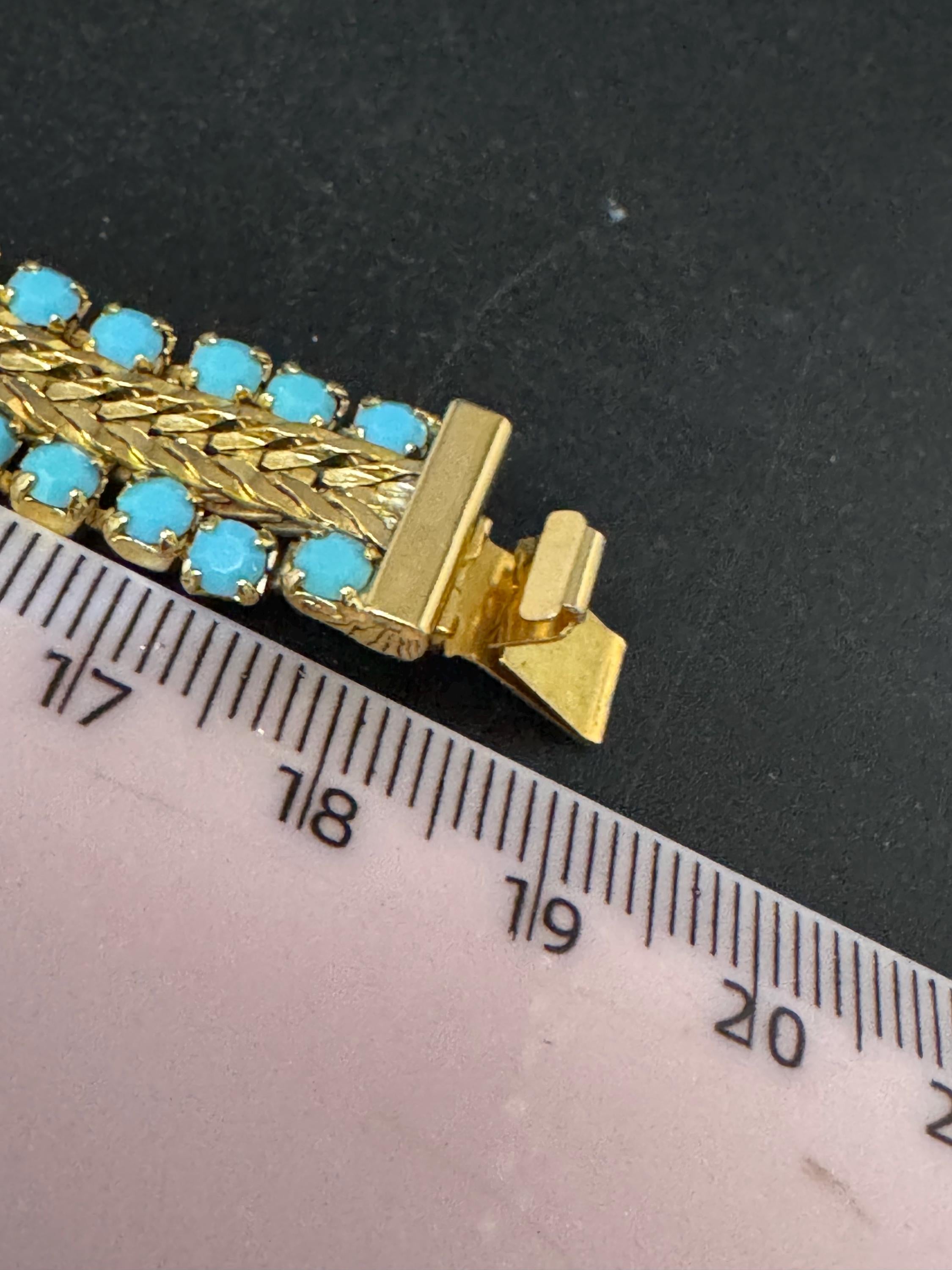 Vintage articulated flat link mesh gold tone bracelet with turquoise blue paste