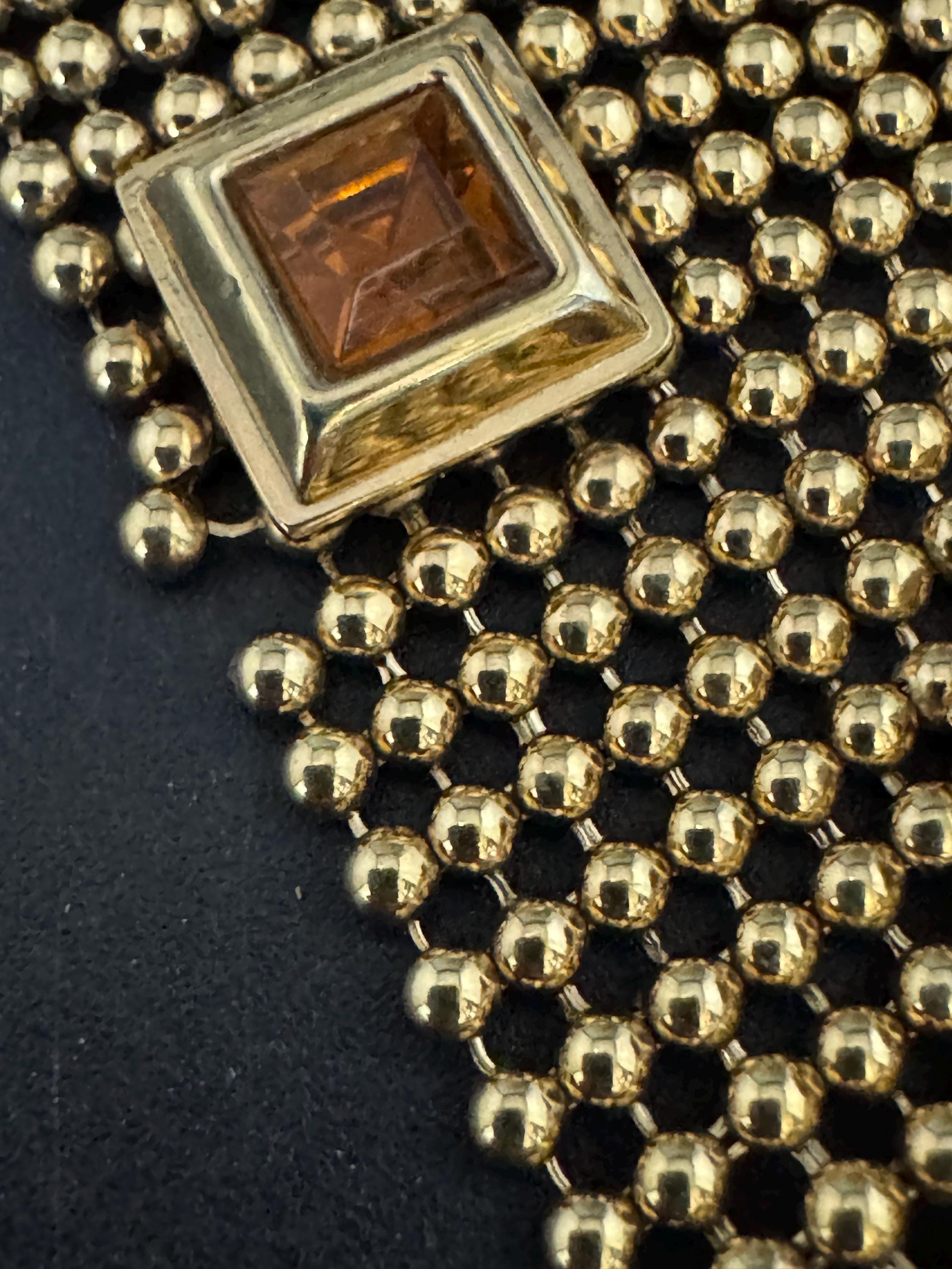 As found Vintage gold ball bead amber rhinestone wide mesh bracelet