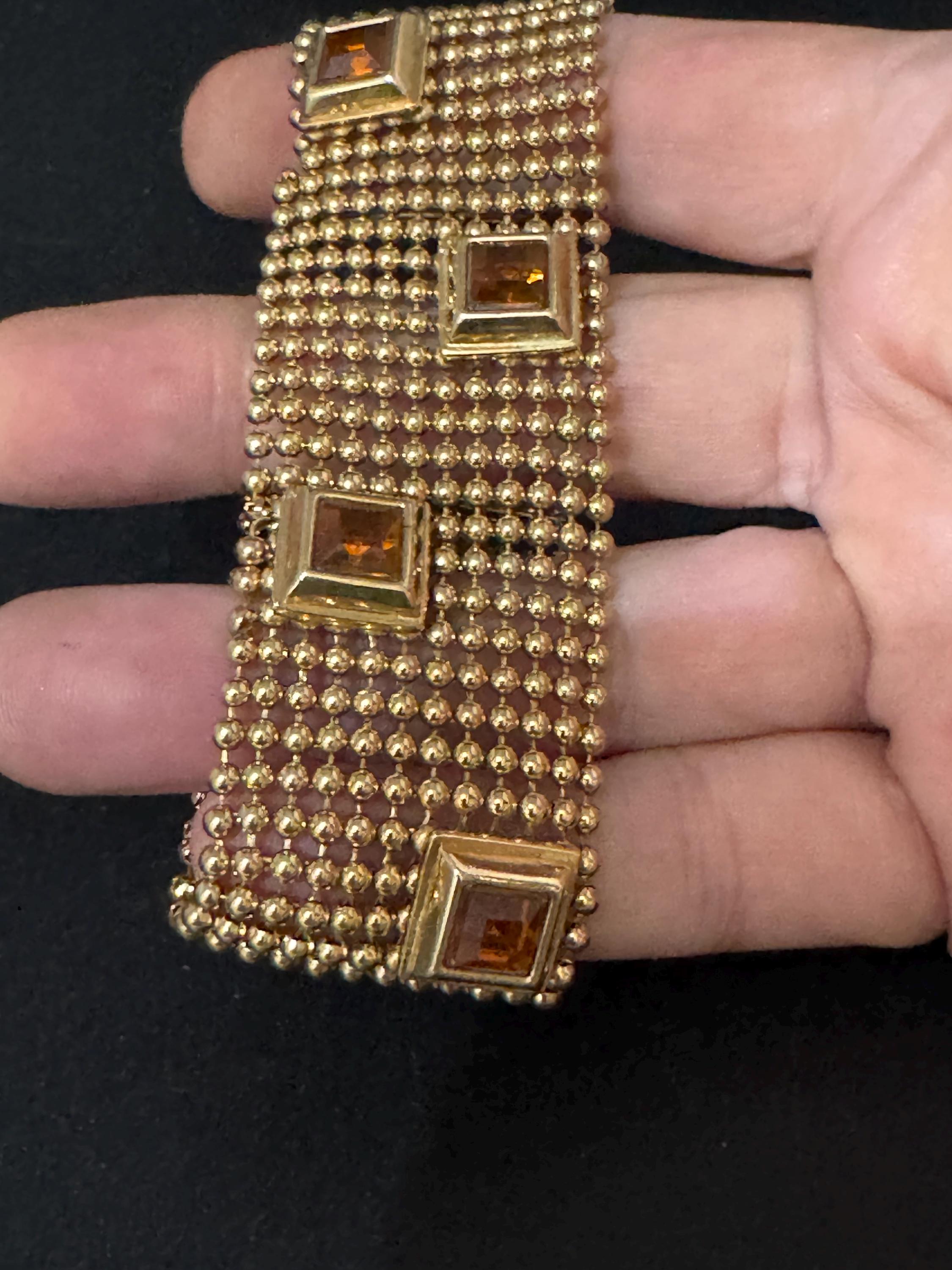 As found Vintage gold ball bead amber rhinestone wide mesh bracelet