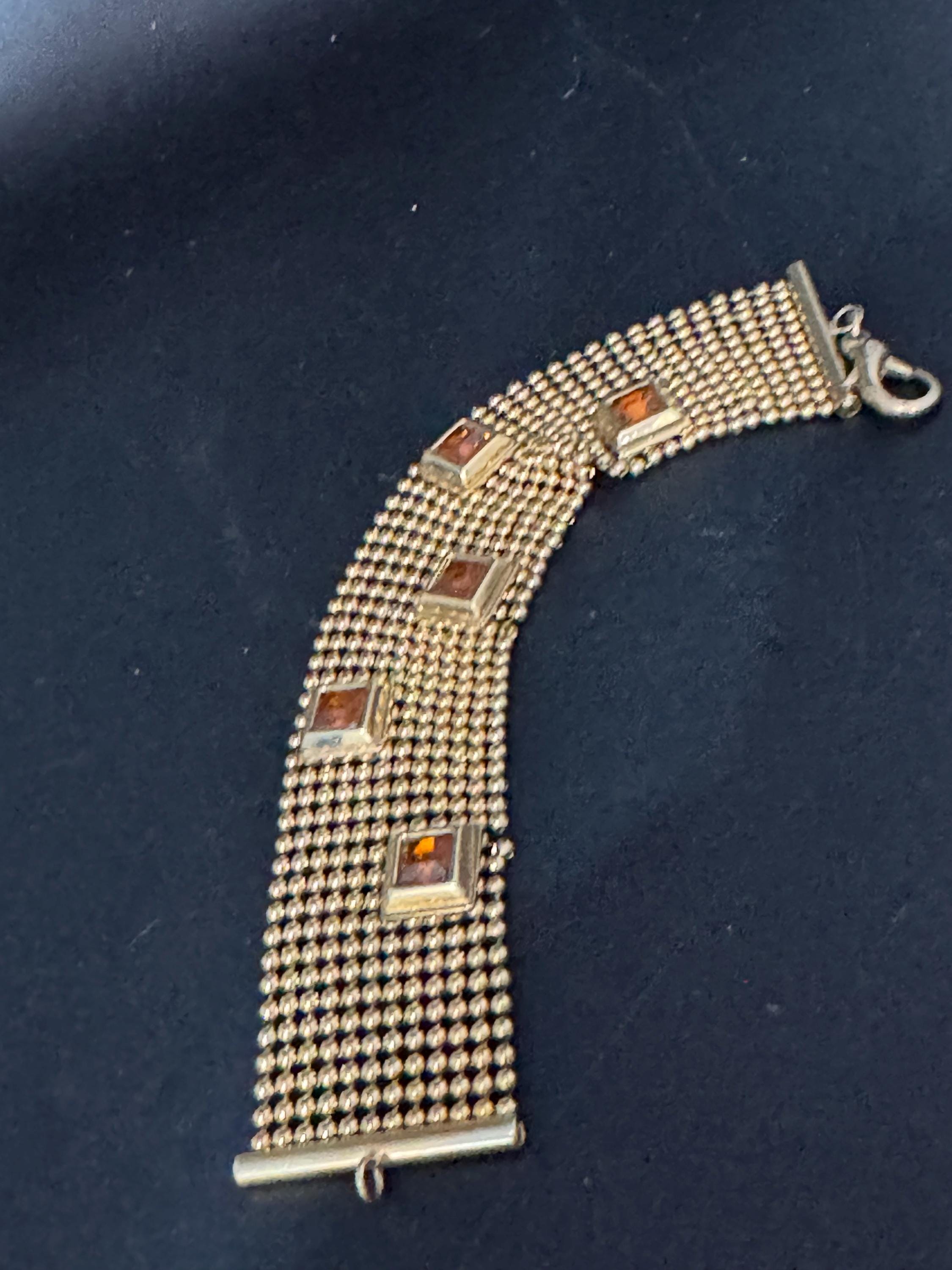As found Vintage gold ball bead amber rhinestone wide mesh bracelet