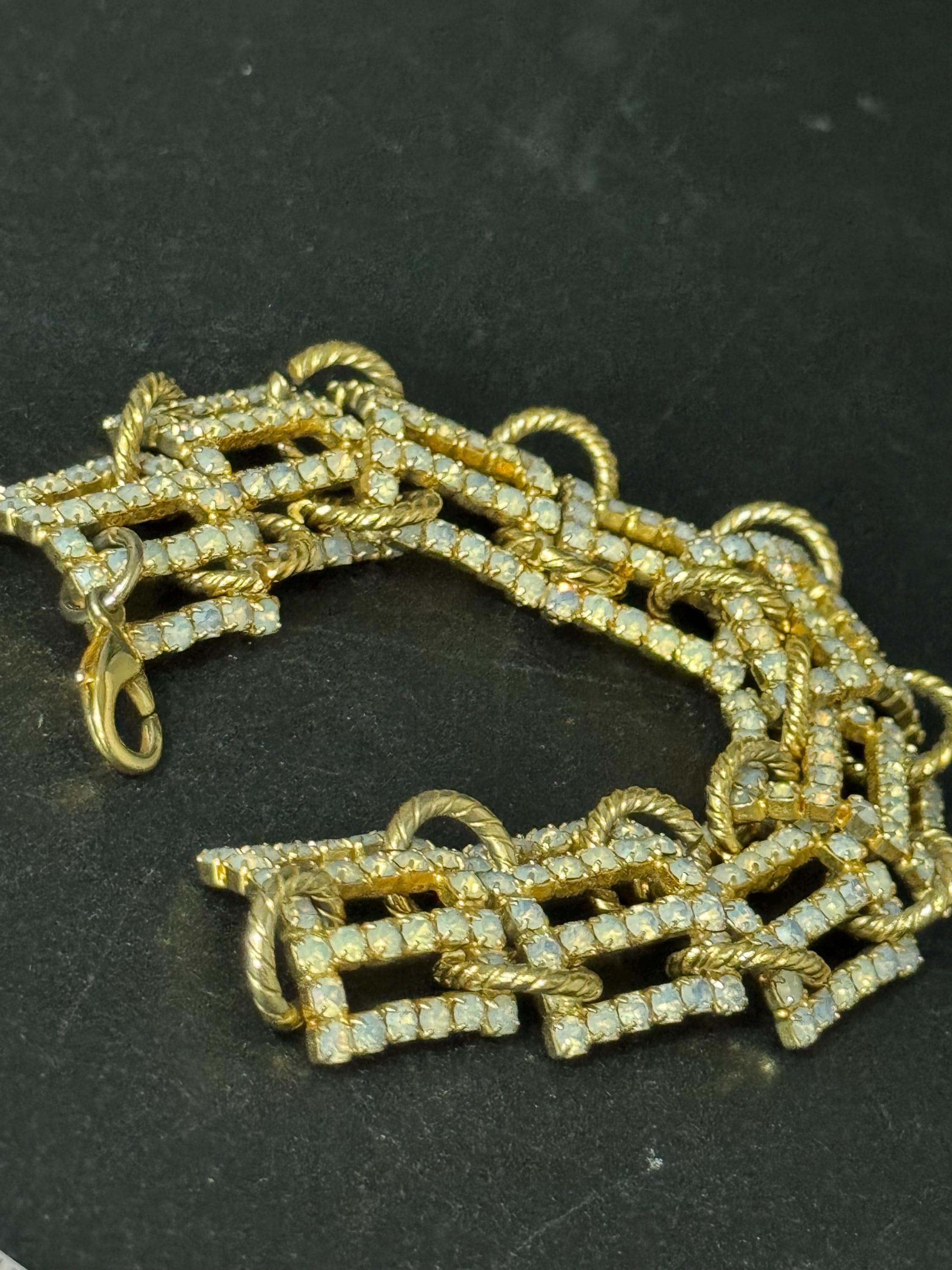 Vintage white opaline cocktail bracelet, frosted Diamanté gold tone rhinestone