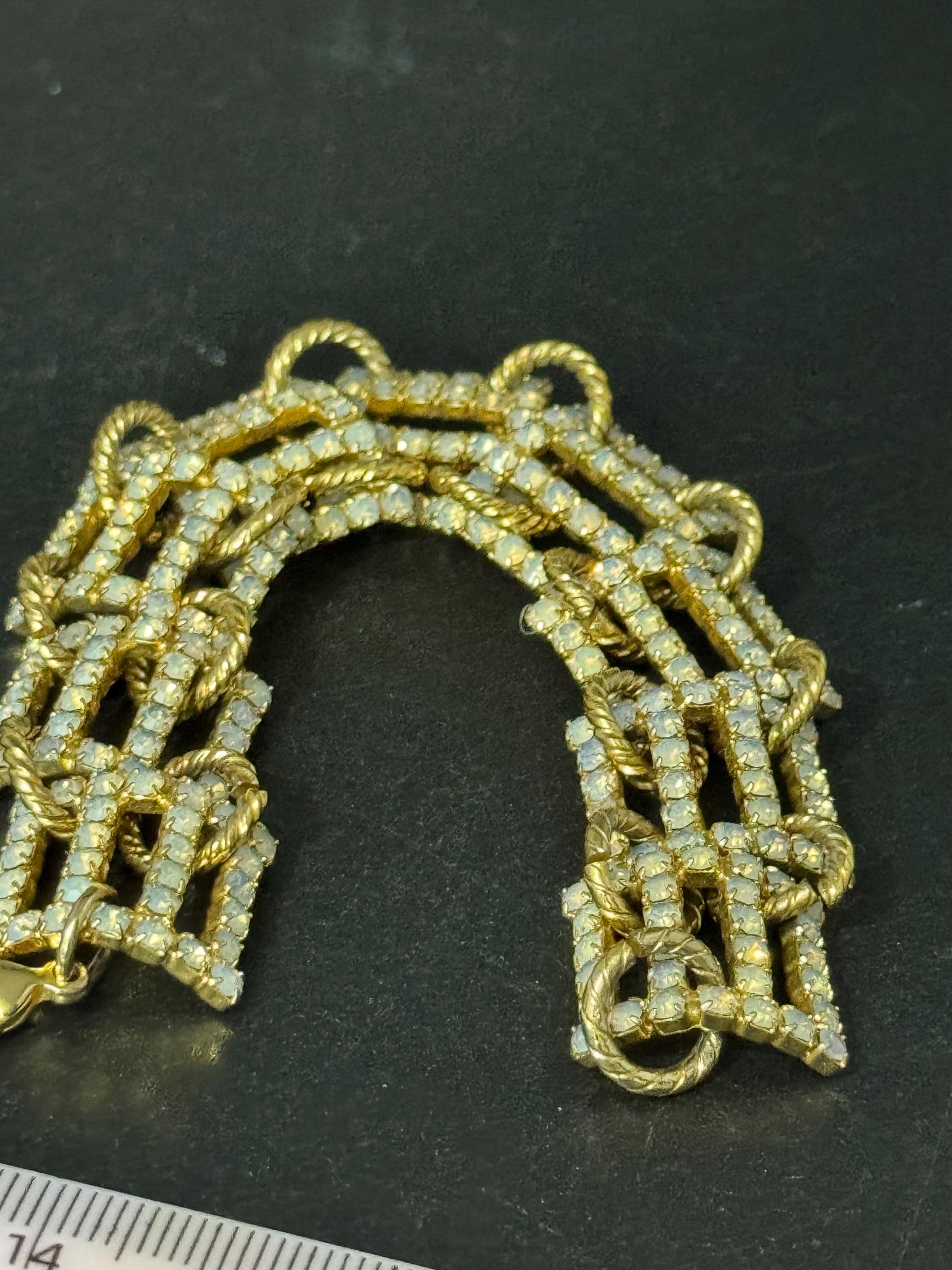 Vintage white opaline cocktail bracelet, frosted Diamanté gold tone rhinestone