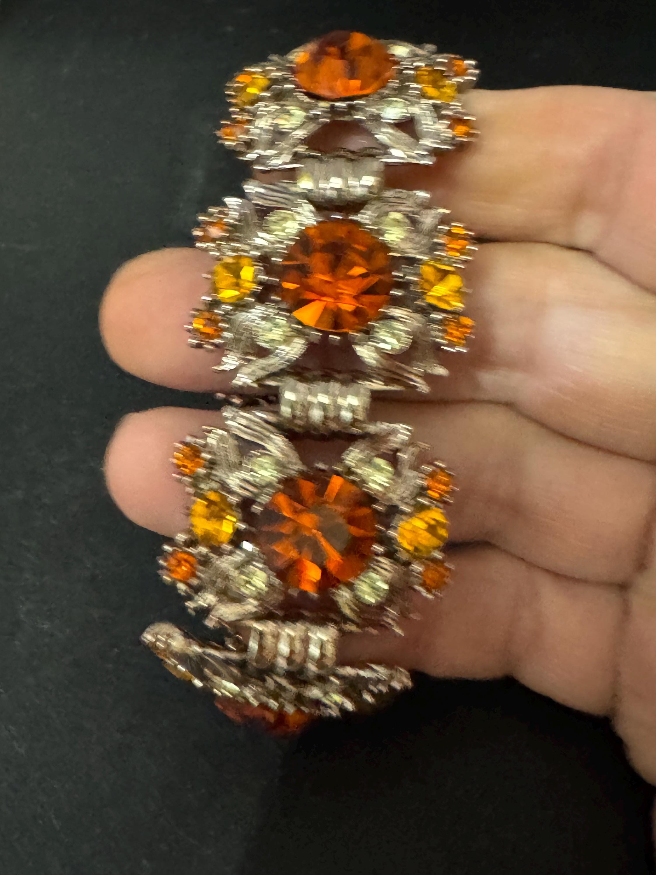 Vintage orange rhinestone Glass Gold Tone cocktail bracelet, mid century
