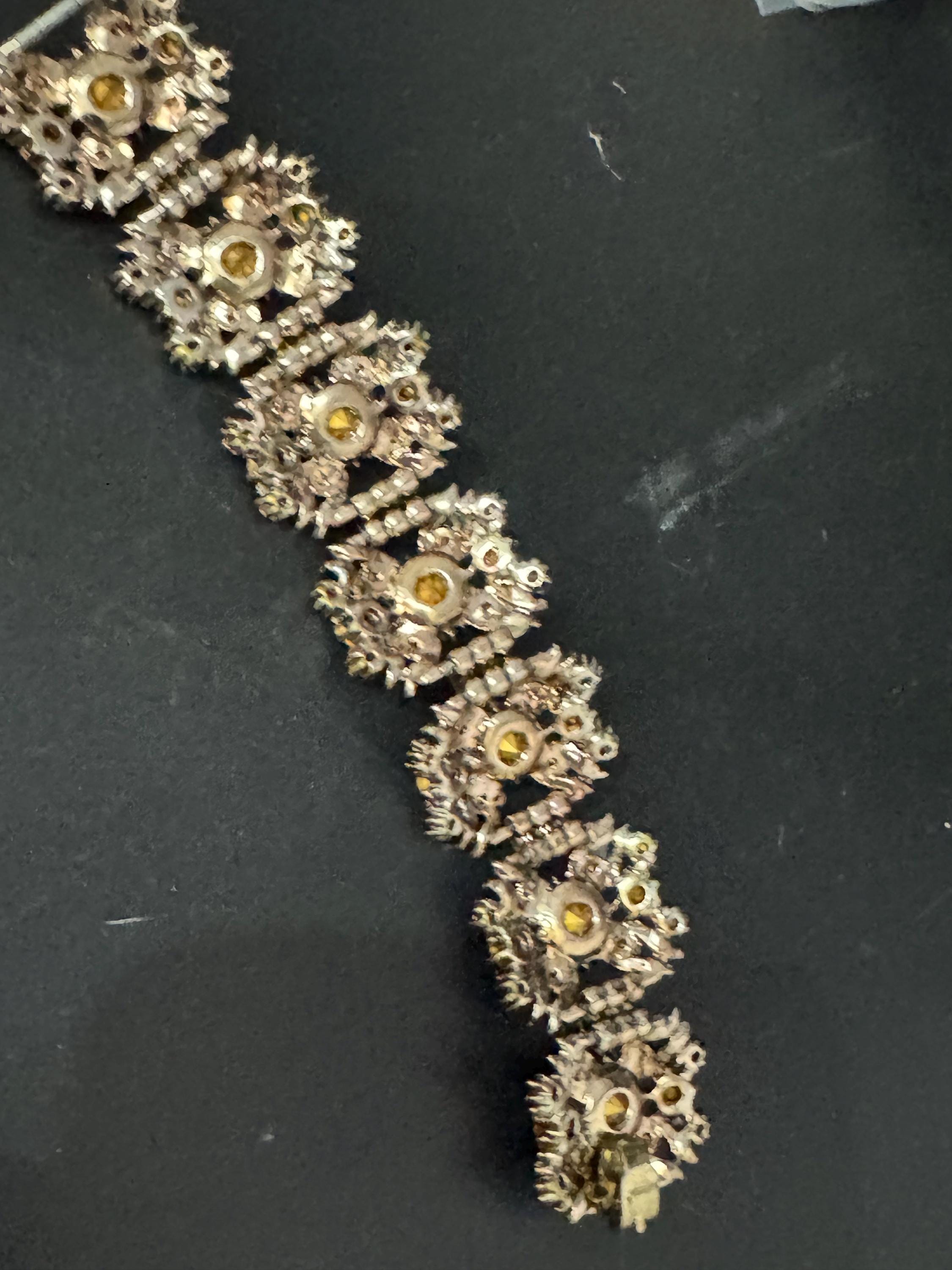 Vintage orange rhinestone Glass Gold Tone cocktail bracelet, mid century