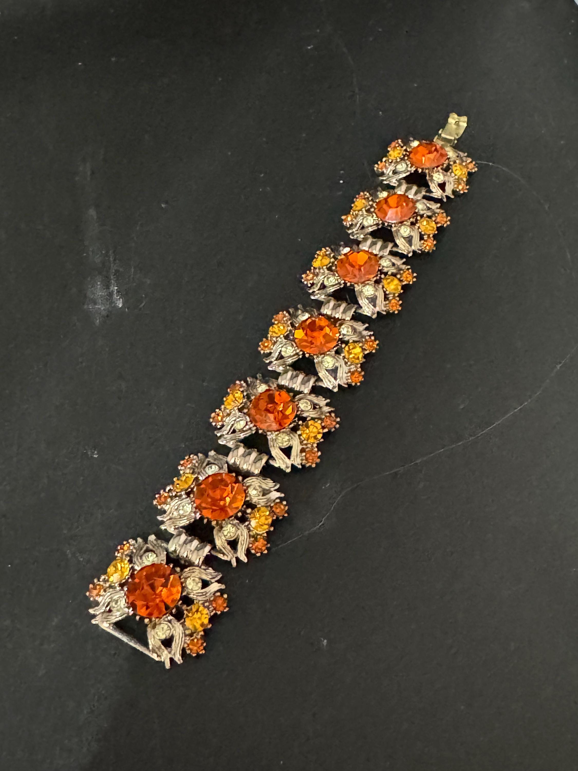 Vintage orange rhinestone Glass Gold Tone cocktail bracelet, mid century