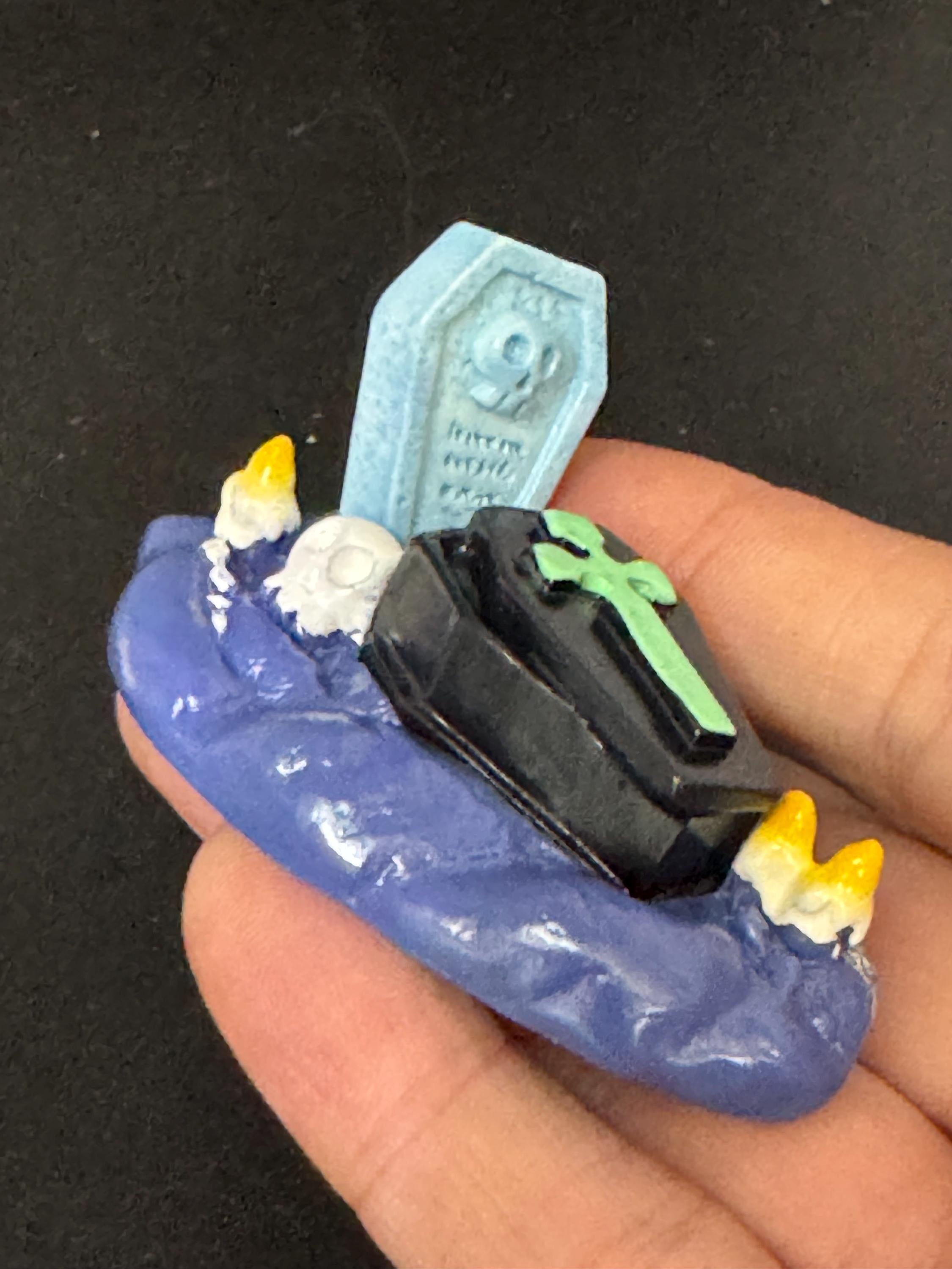 Mini spooky Halloween creepy haunted graveyard grave coffin cake topper decorations, craft scenery, reusable plastic