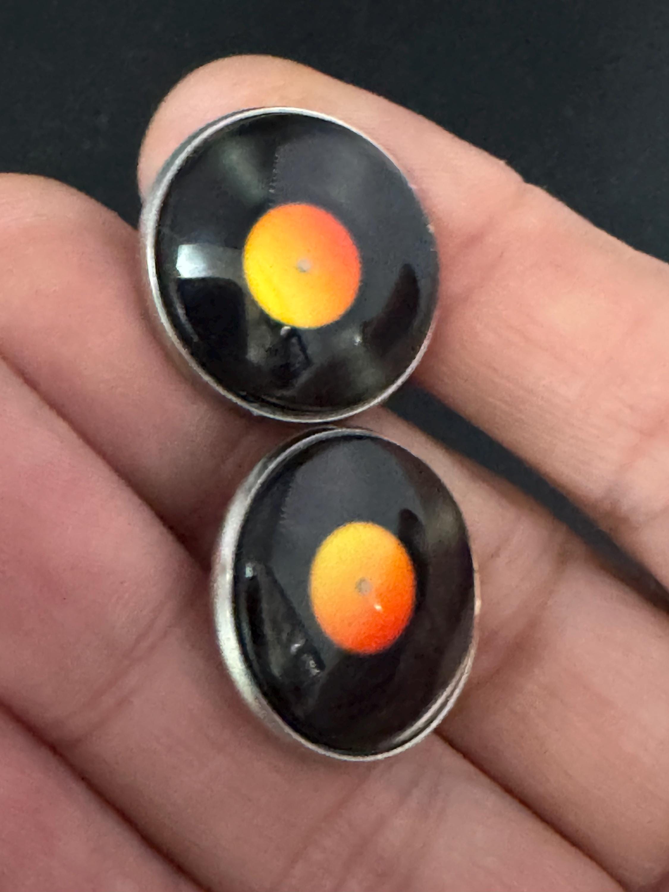 Retro Vinyl Record Stud Earrings: Black Orange Stainless Steel 20mm
