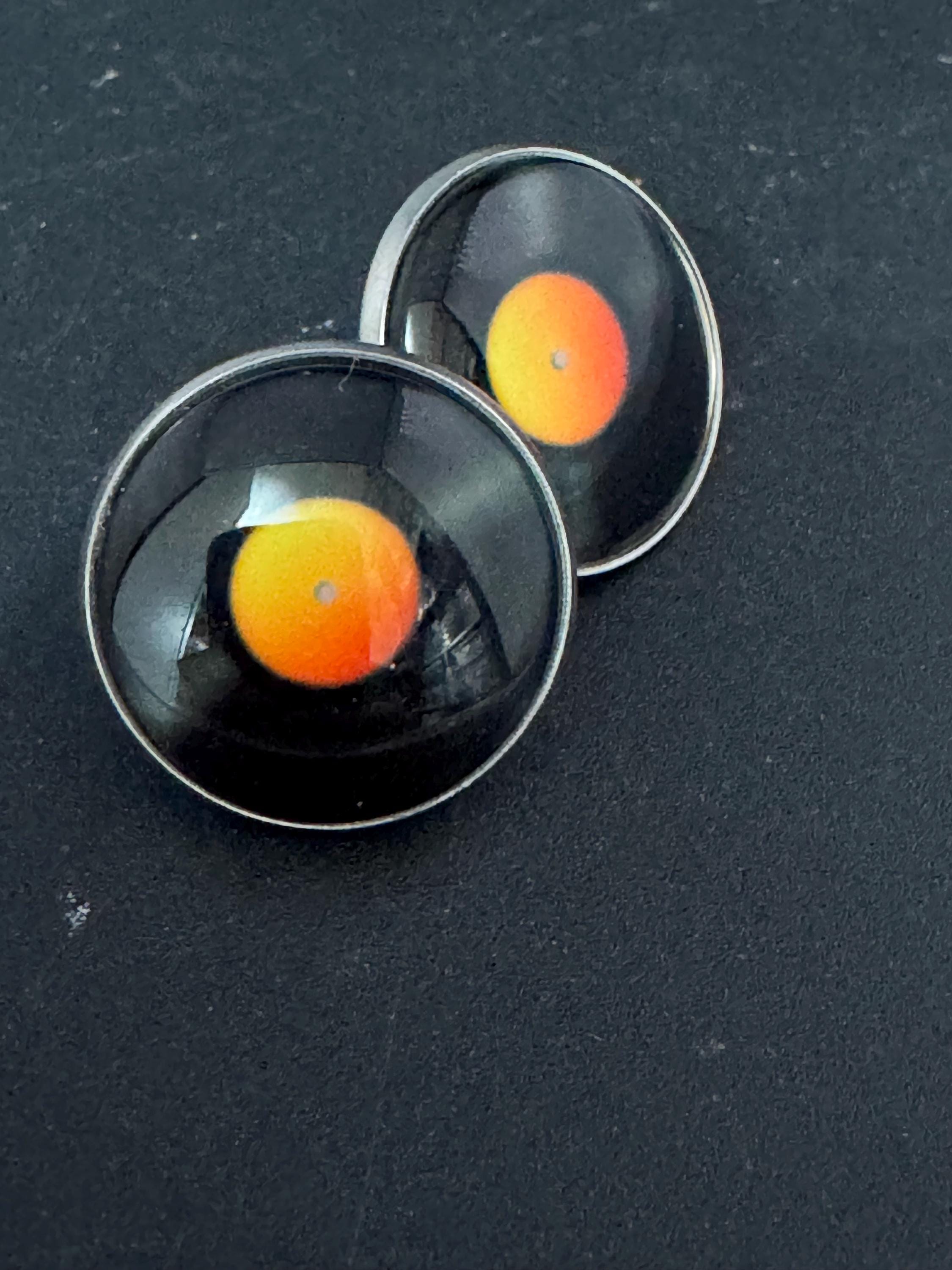 Retro Vinyl Record Stud Earrings: Black Orange Stainless Steel 20mm