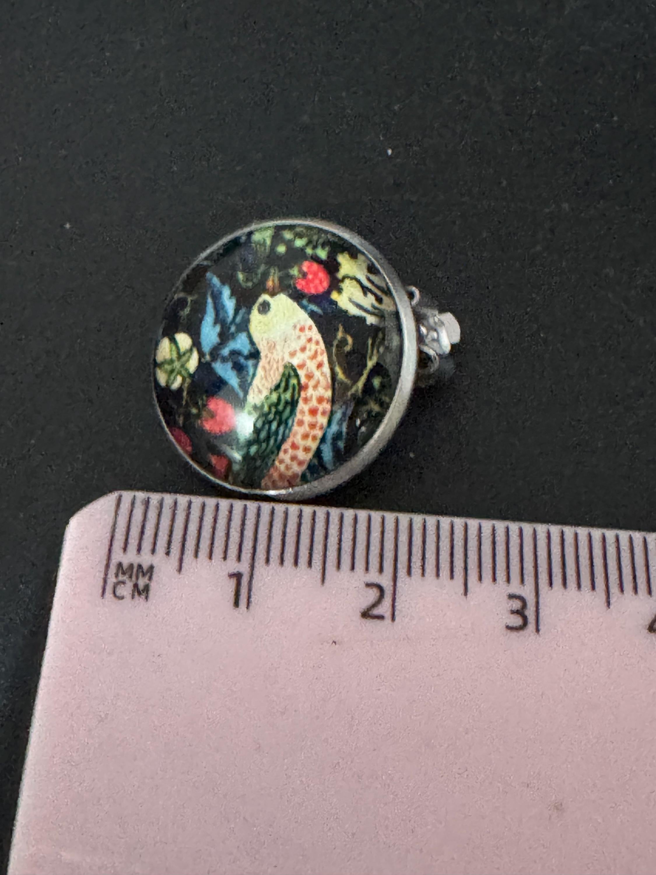 William Morris strawberry thief print clip on stud earrings, round glass cabochon