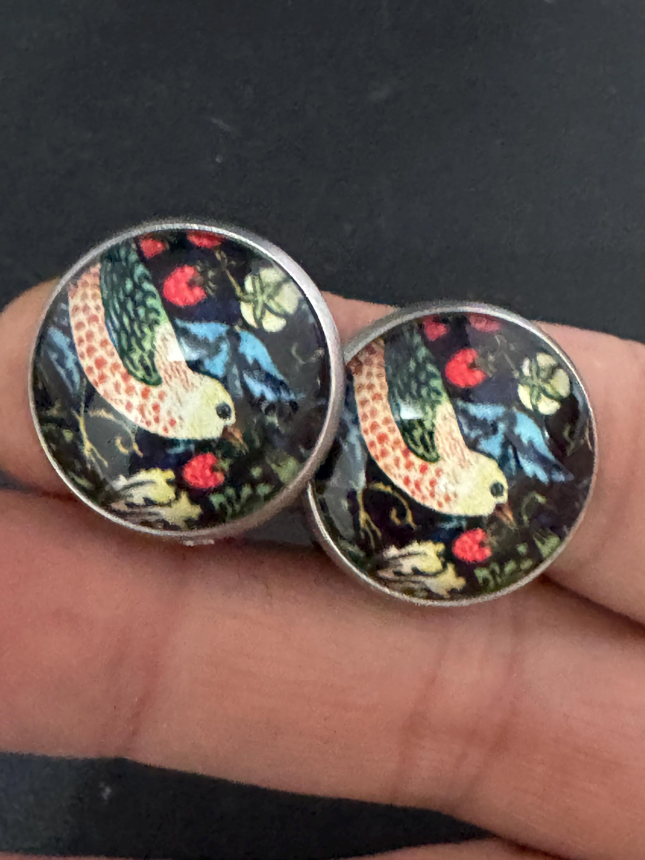 William Morris strawberry thief print clip on stud earrings, round glass cabochon