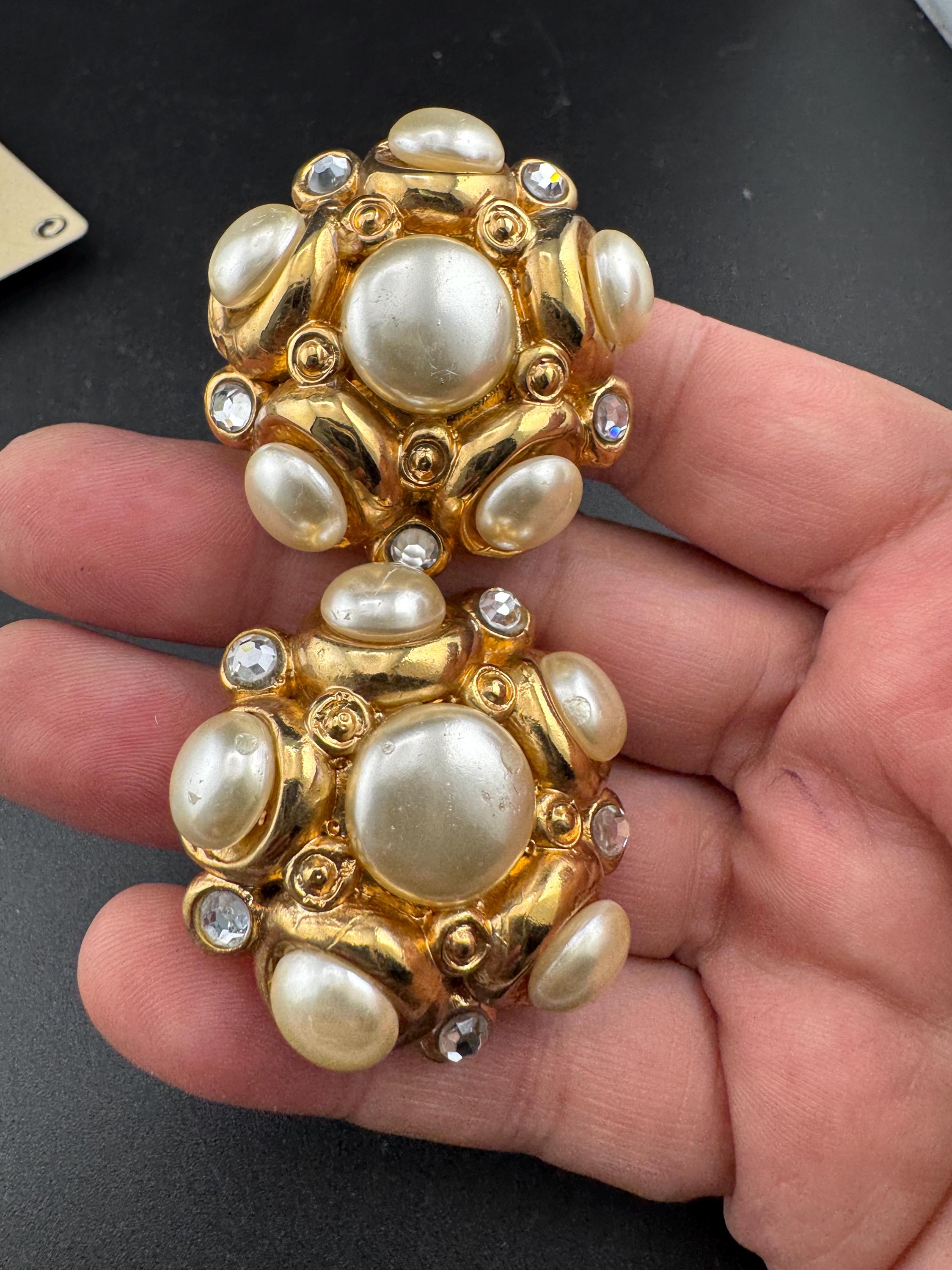 Jacky de G big gold pearl and rhinestone Clip On Earrings: Oversized designer studs
