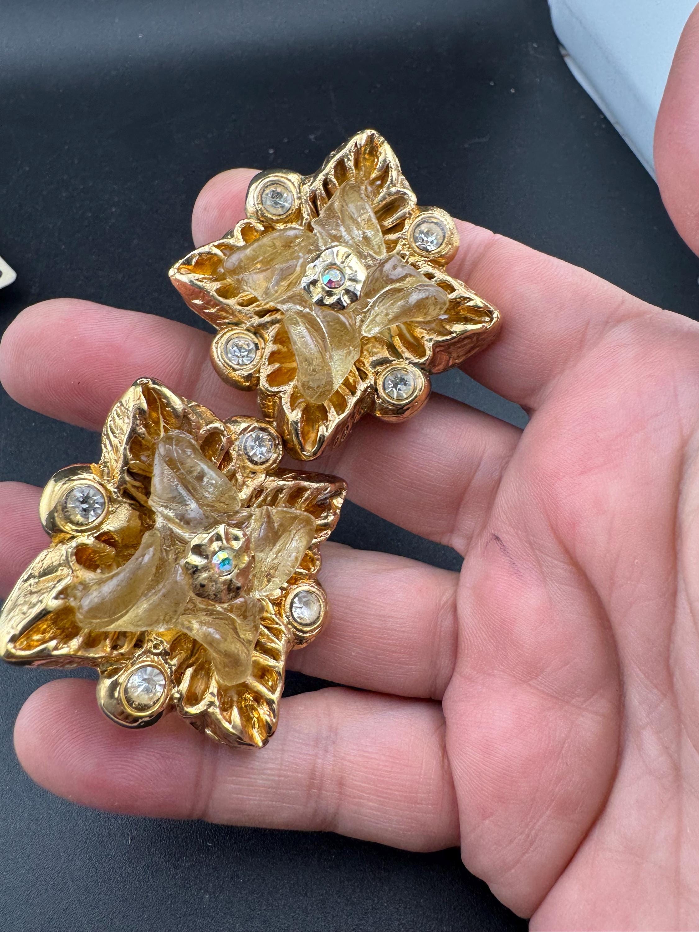 Jacky de G big gold rhinestone square Clip On Earrings: Oversized designer studs