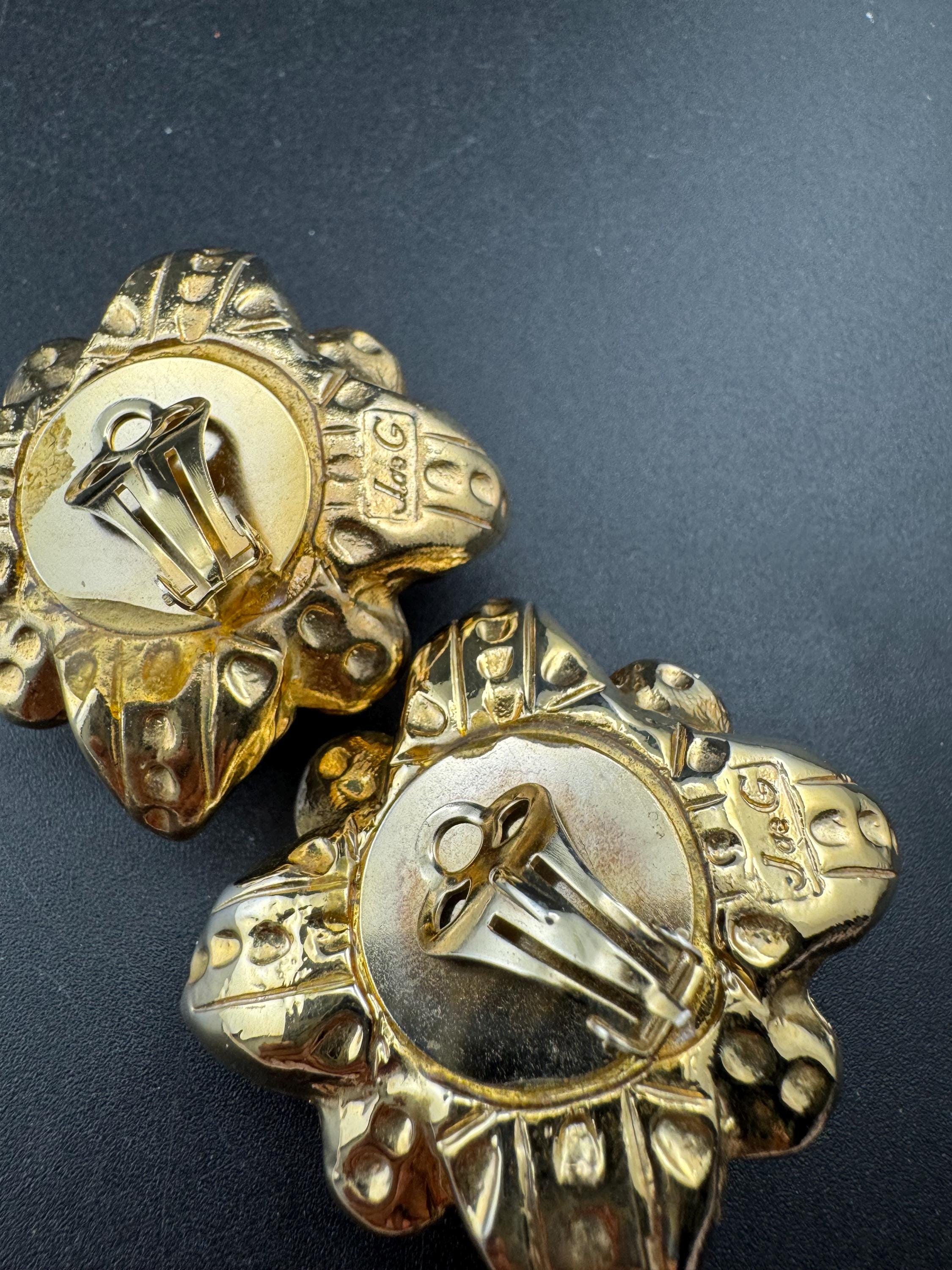Jacky de G big gold rhinestone square Clip On Earrings: Oversized designer studs