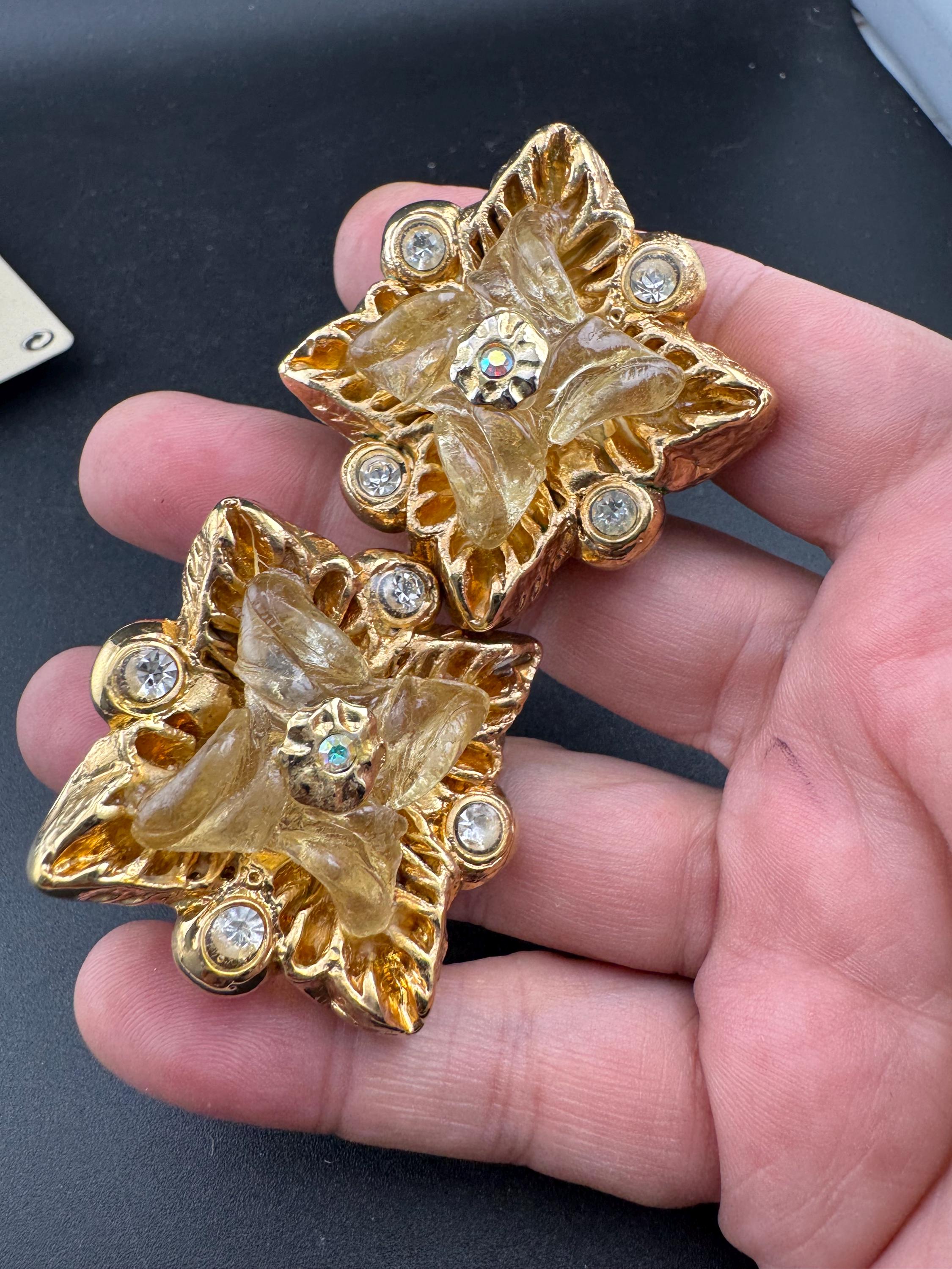 Jacky de G big gold rhinestone square Clip On Earrings: Oversized designer studs