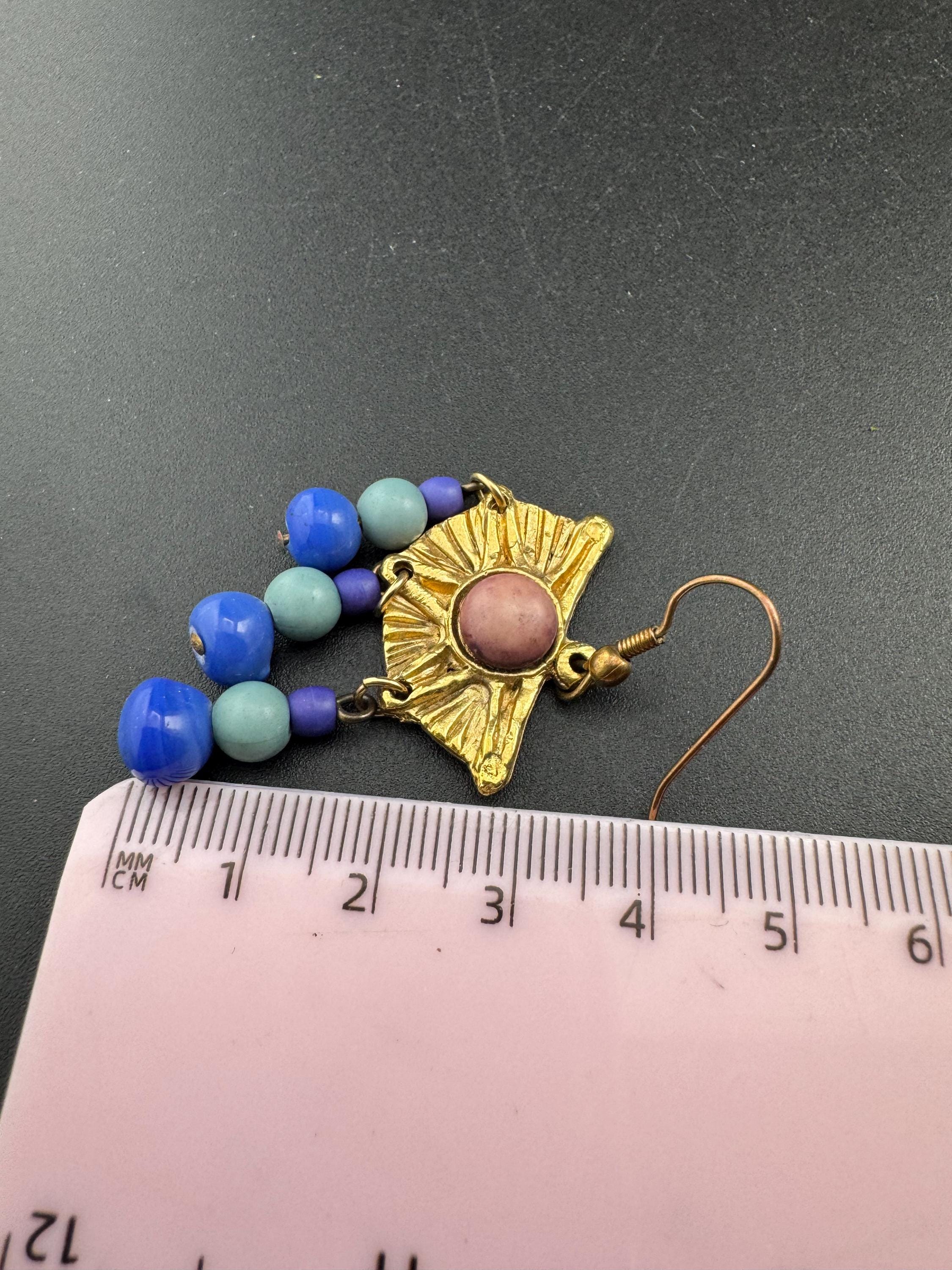 Jacky de G blue and gold Egyptian revival beaded dangly Earrings: pierced