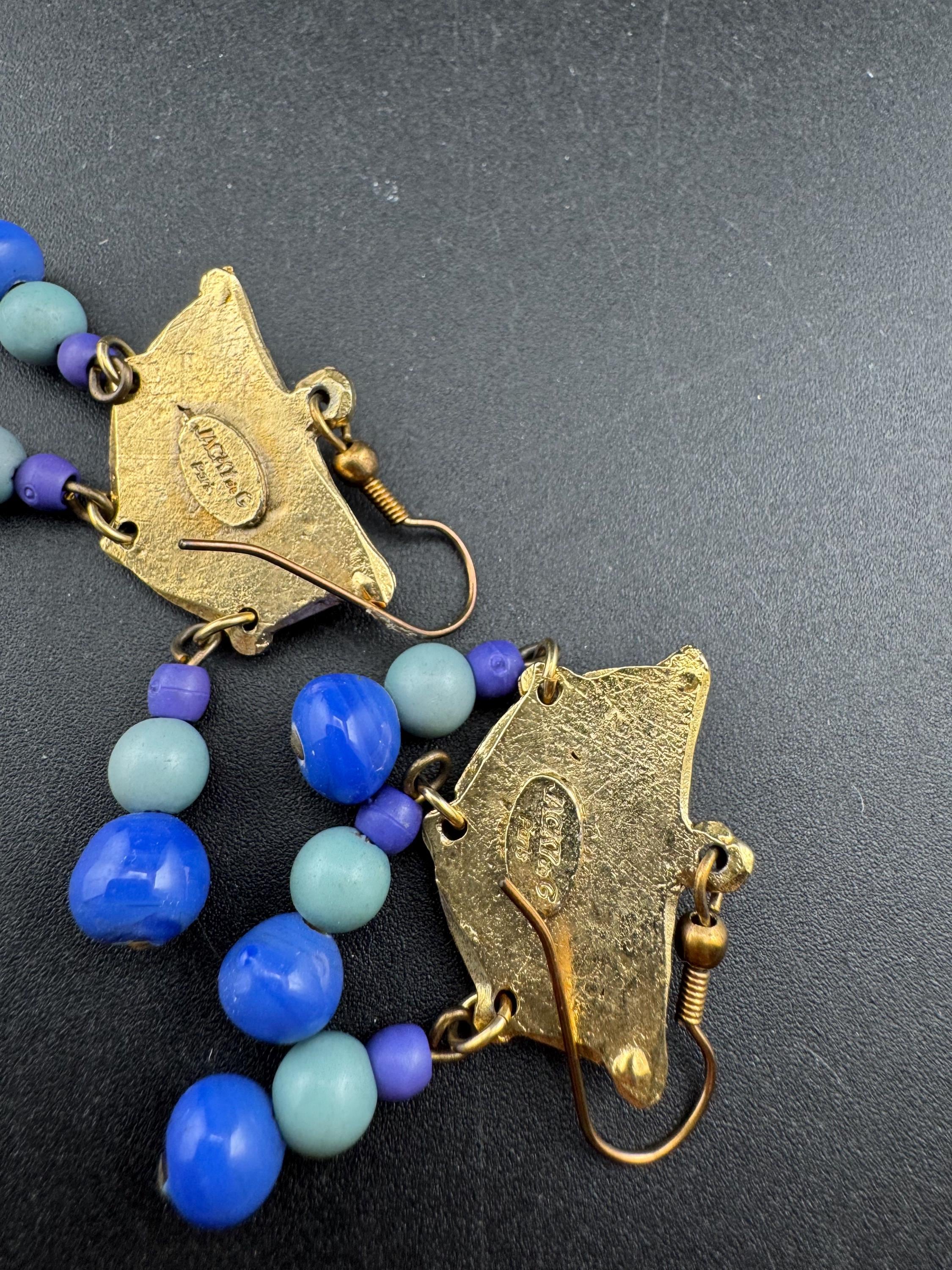 Jacky de G blue and gold Egyptian revival beaded dangly Earrings: pierced
