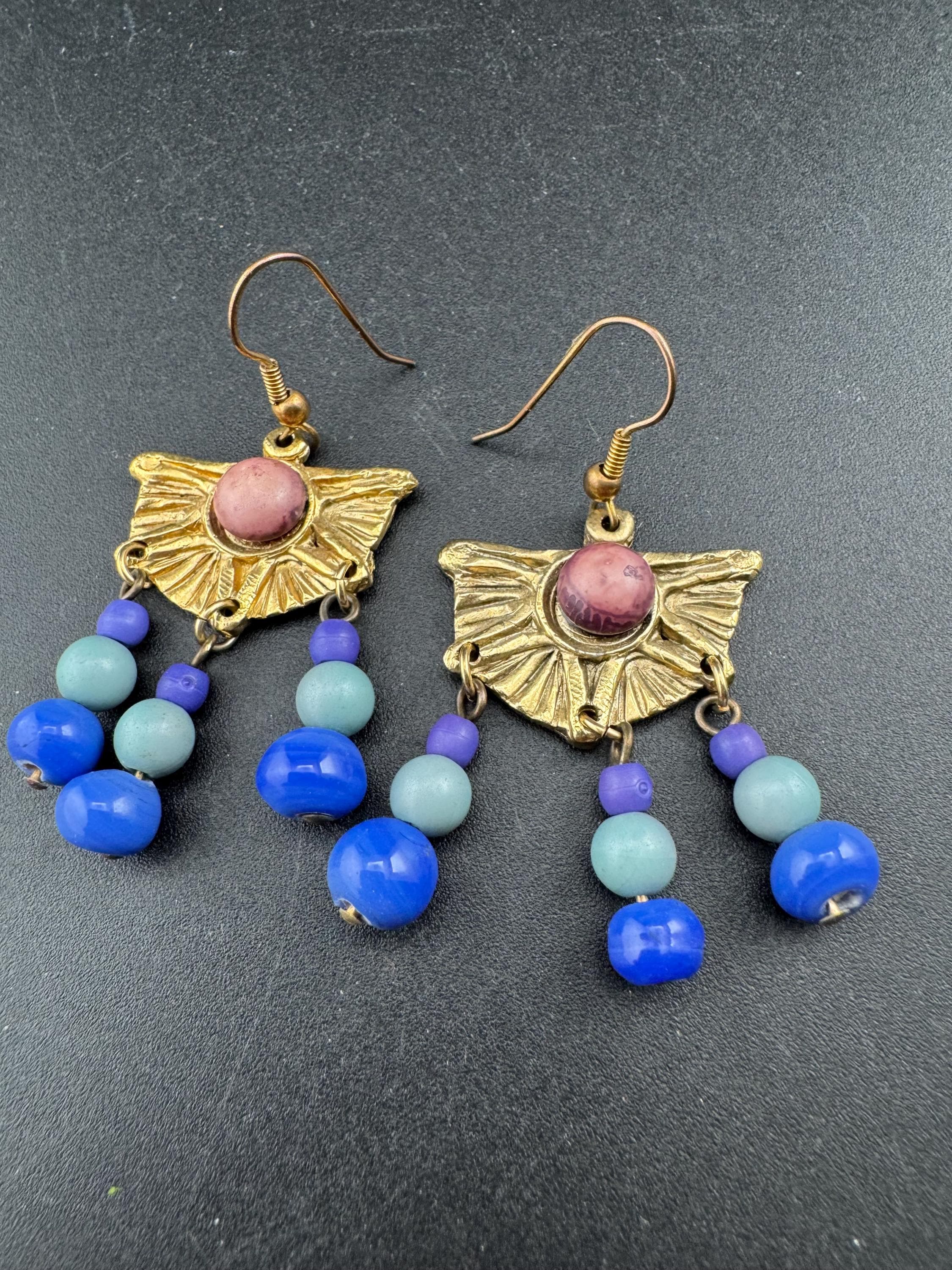 Jacky de G blue and gold Egyptian revival beaded dangly Earrings: pierced