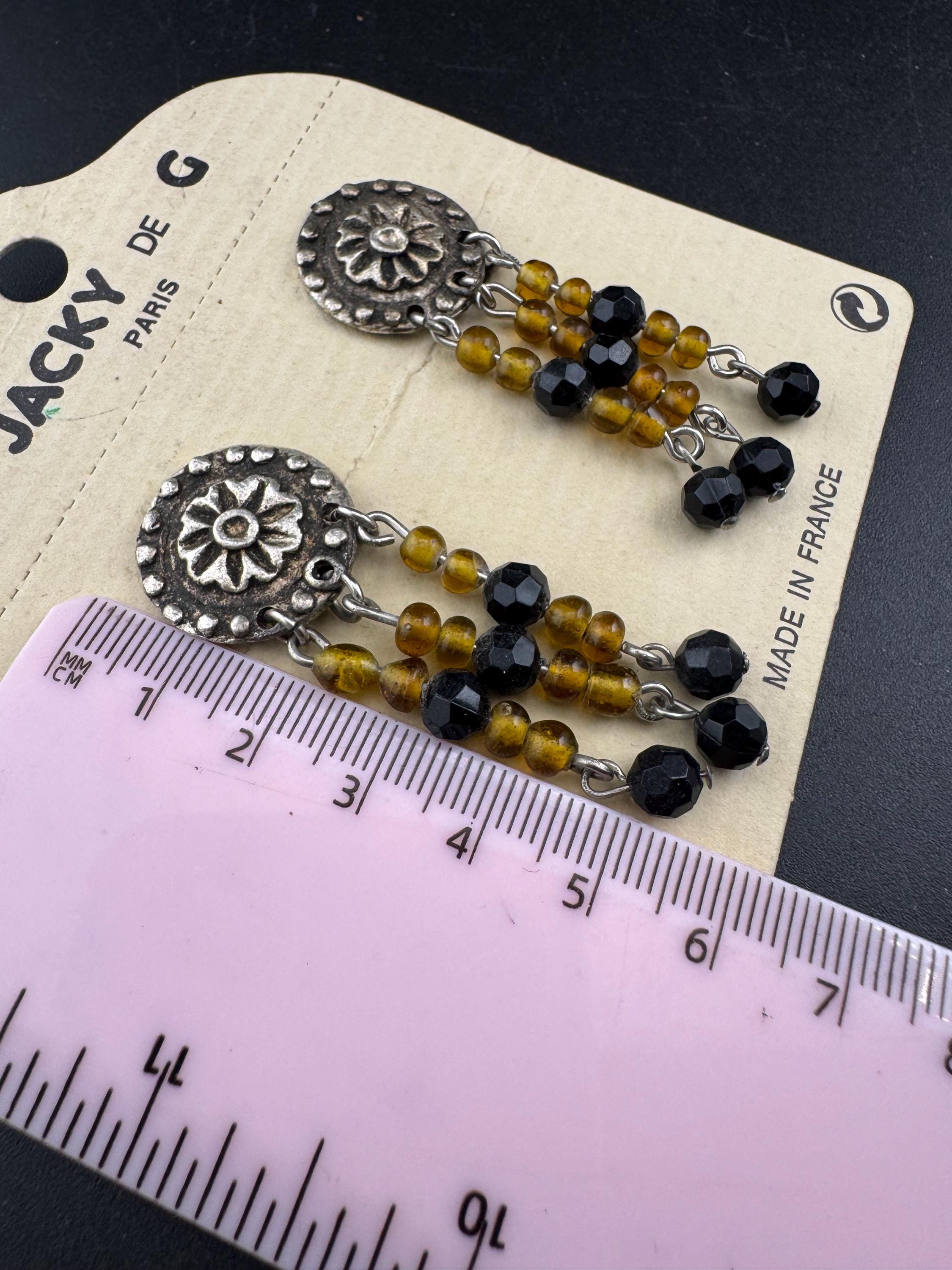 Jacky de G black , amber and silver beaded dangly Earrings: pierced
