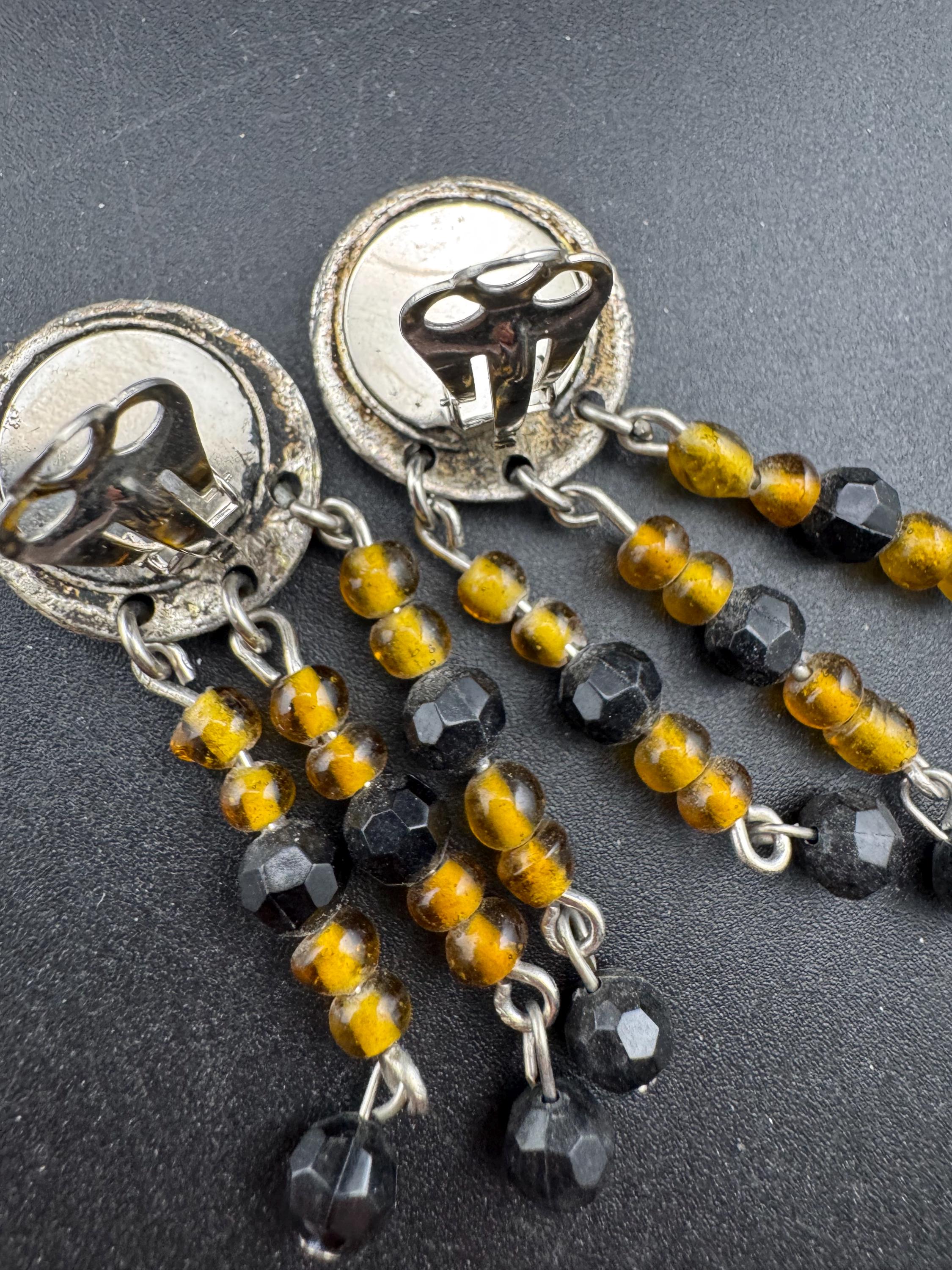 Jacky de G black , amber and silver beaded dangly Earrings: pierced
