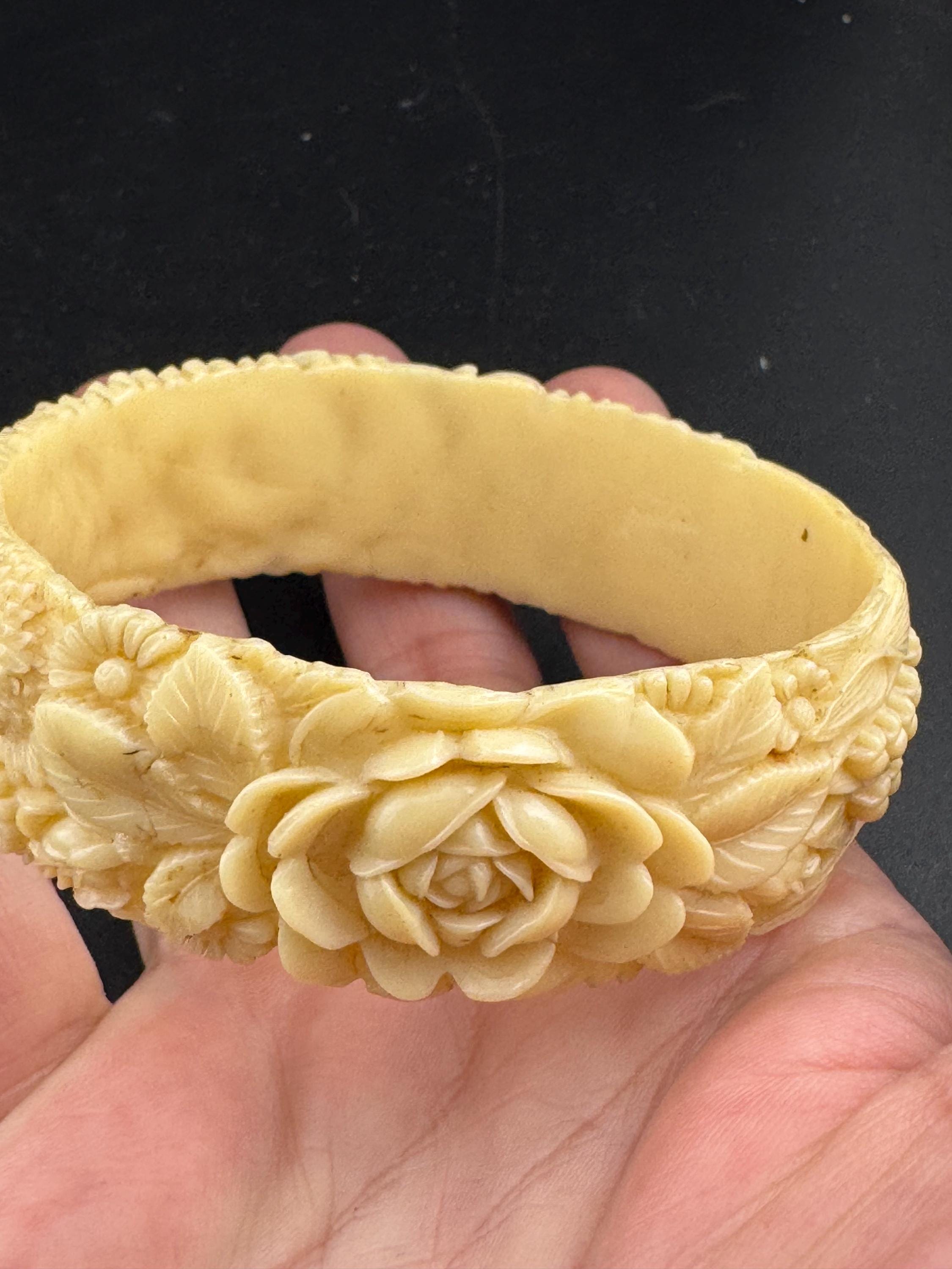 Antique Vintage Early Plastic Faux Bone Horn Celluloid Carved Bangle Bracelet