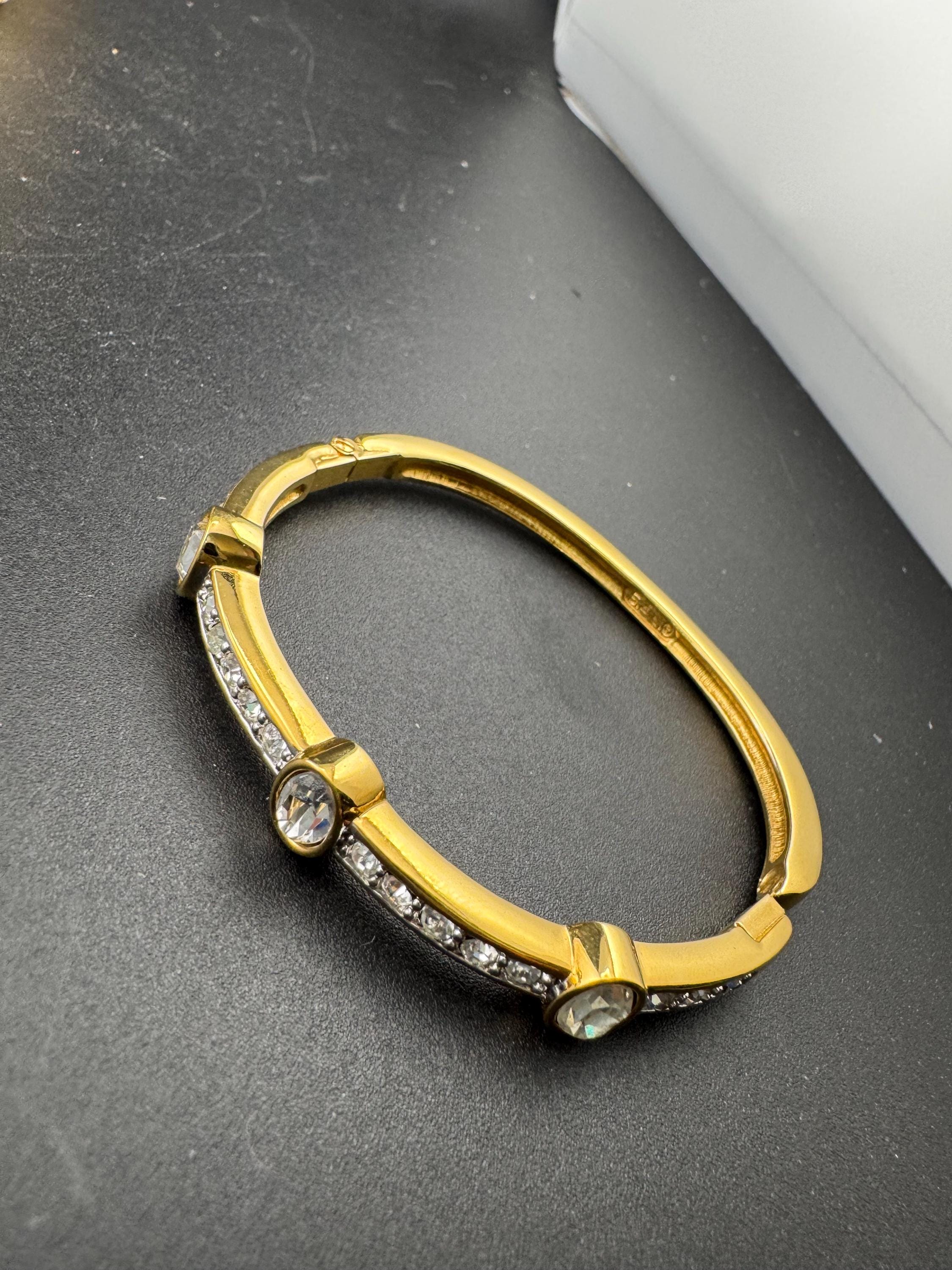 Early SAL signed swan Swarovski bangle crystal wide gold plated designer clamper bracelet