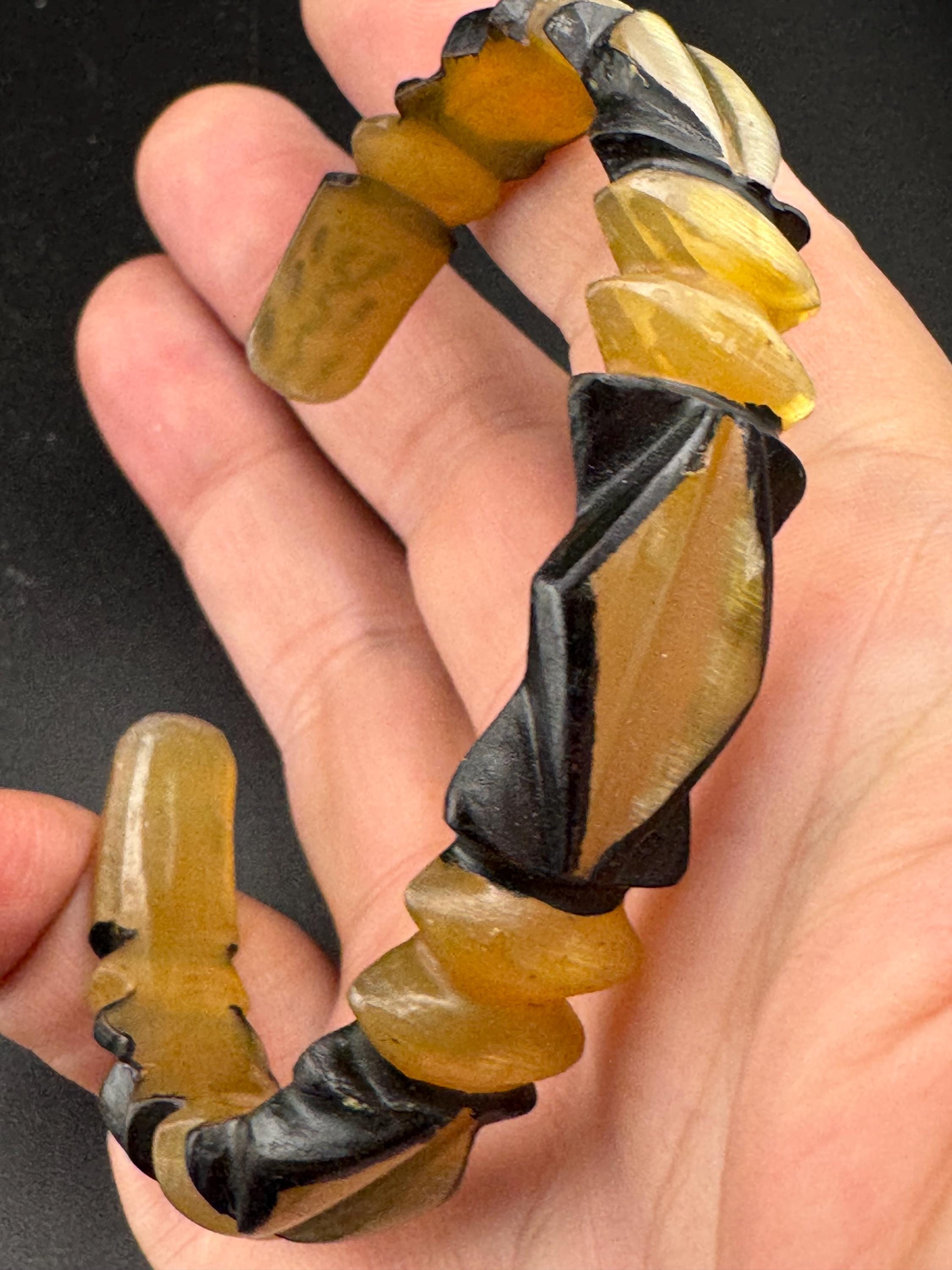 Antique Early Plastic Faux Bone Horn Celluloid Carved Bangle Bracelet, art deco