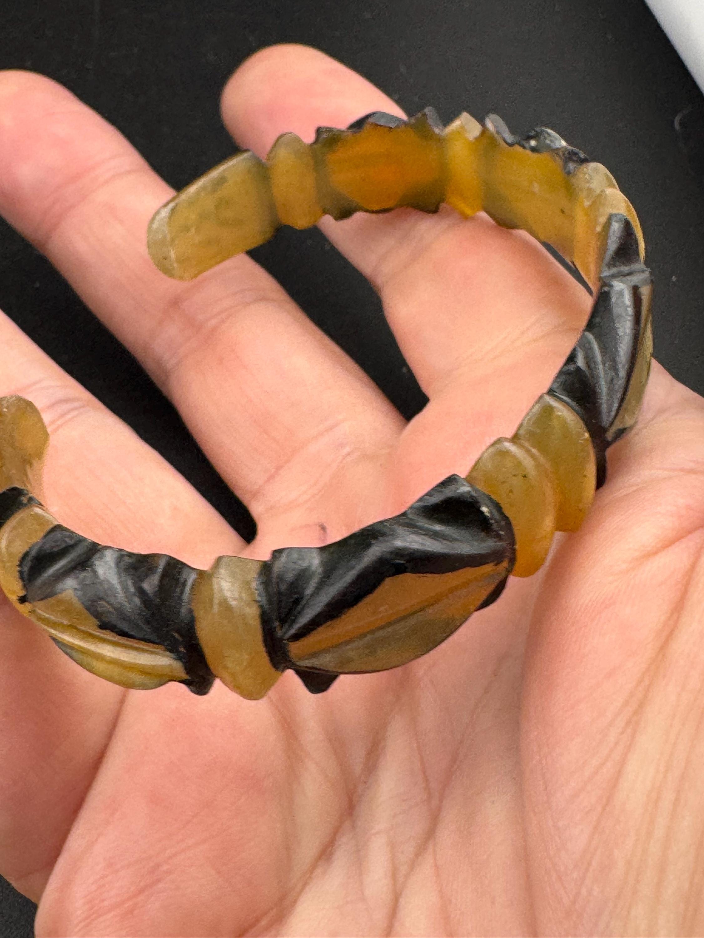Antique Early Plastic Faux Bone Horn Celluloid Carved Bangle Bracelet, art deco