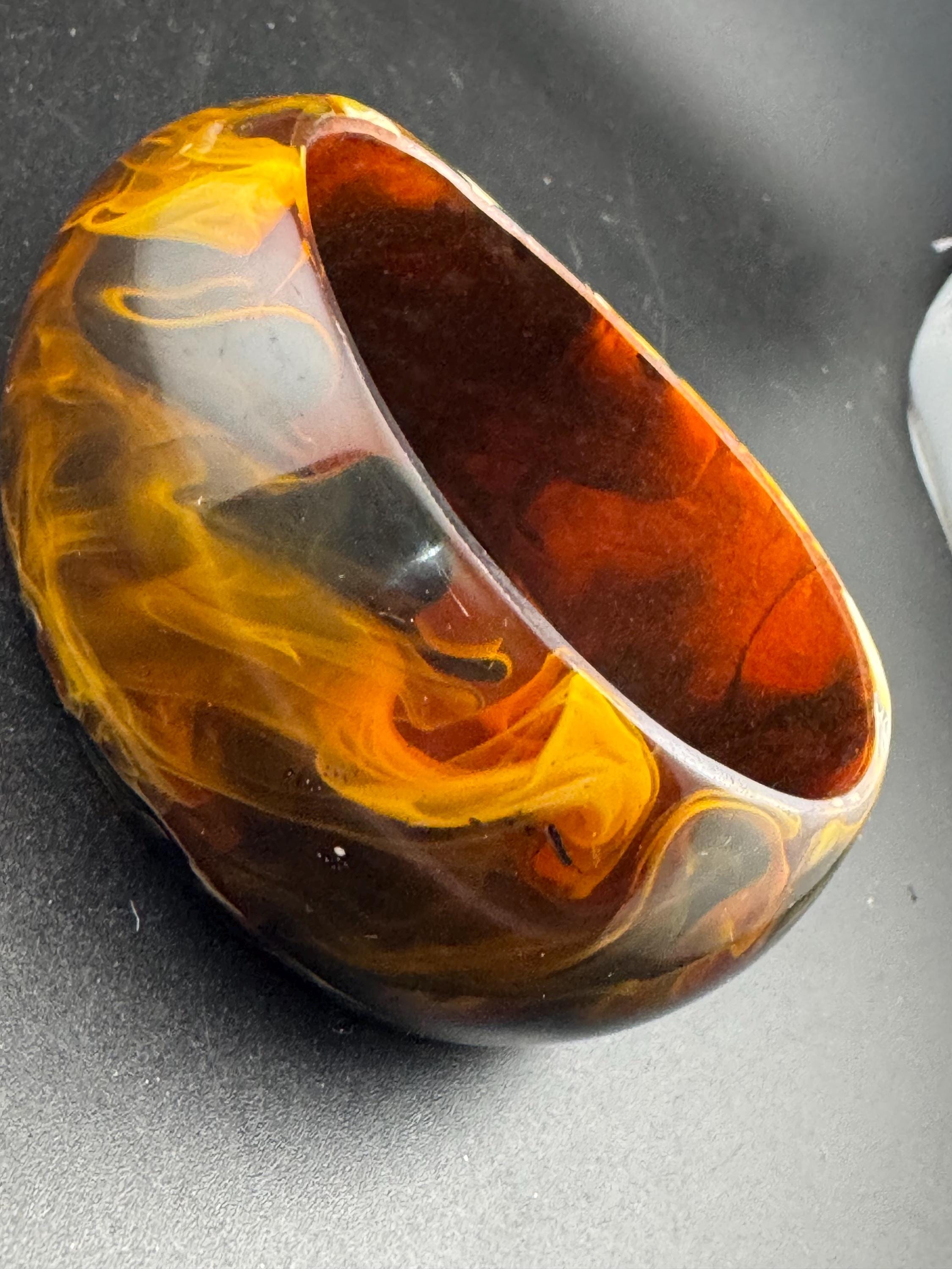 Brown orange marbled plastic wide cuff bangle bracelet : faux tortoiseshell