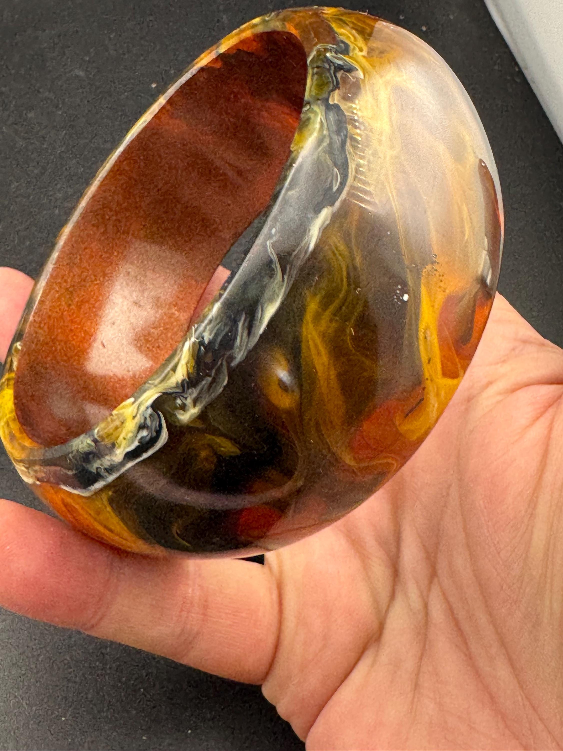 Brown orange marbled plastic wide cuff bangle bracelet : faux tortoiseshell
